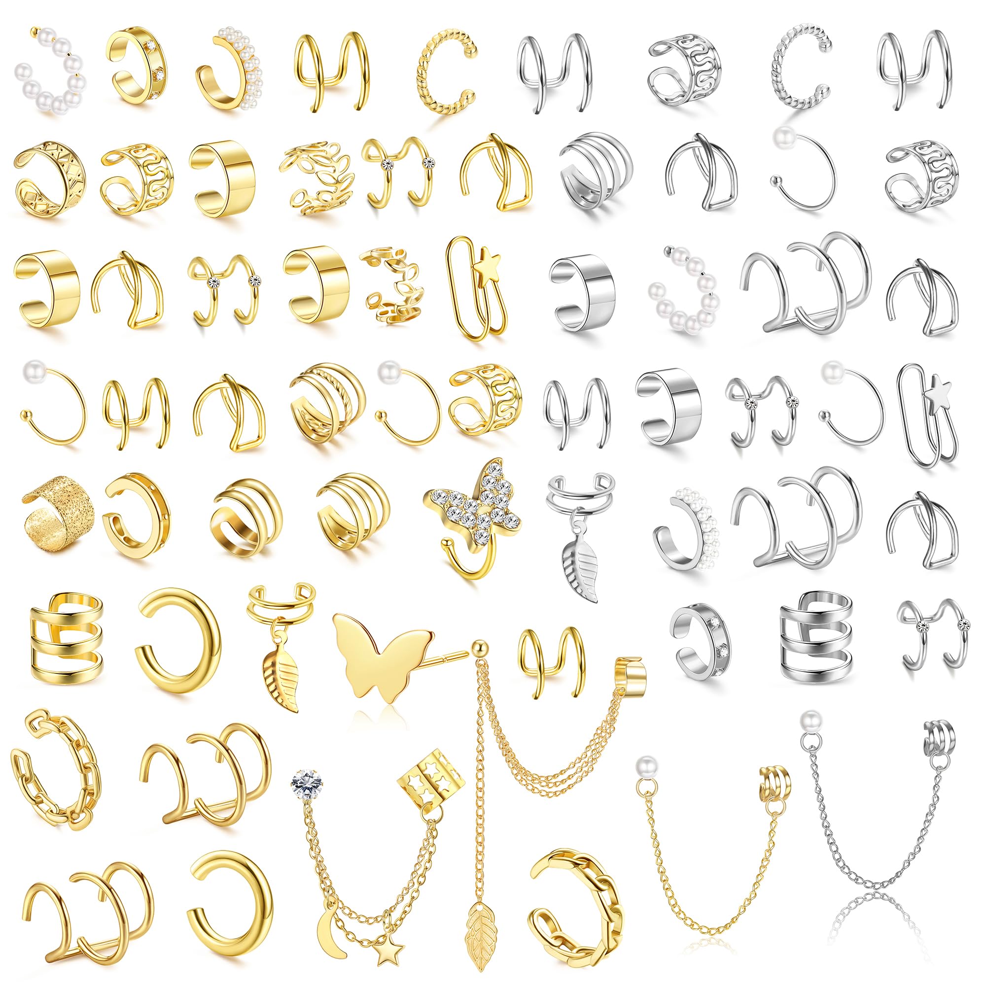 BESTEEL 66 Pcs Ear Cuff Earrings for Women Non Piercing, Hypoallergenic Silver Clip on Cartilage Fake Earrings for Sensitive Ears, Gold Ear Wrap Earrings for Helix Cartilage, Cross X Double Line Cat Claw Cz Pearl Star Butterfly Ear Cuffs Non Piercing