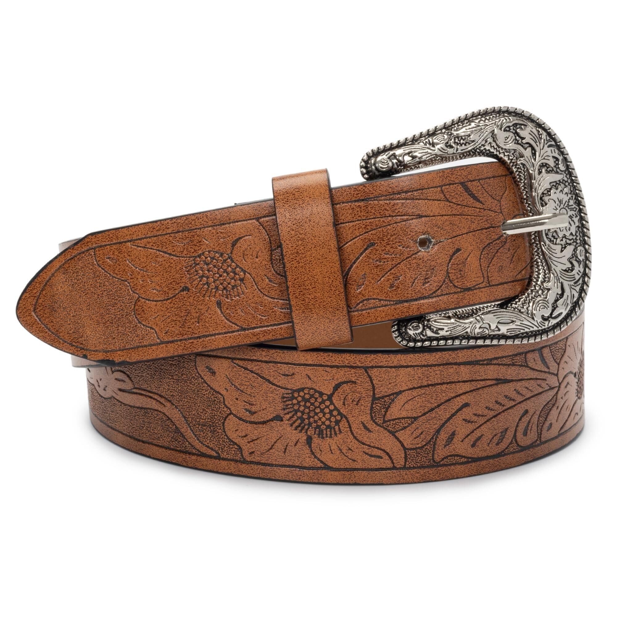 Western-Leather-Belts-Women Vintage Waist-Belts with Hollow Out Flower Buckle