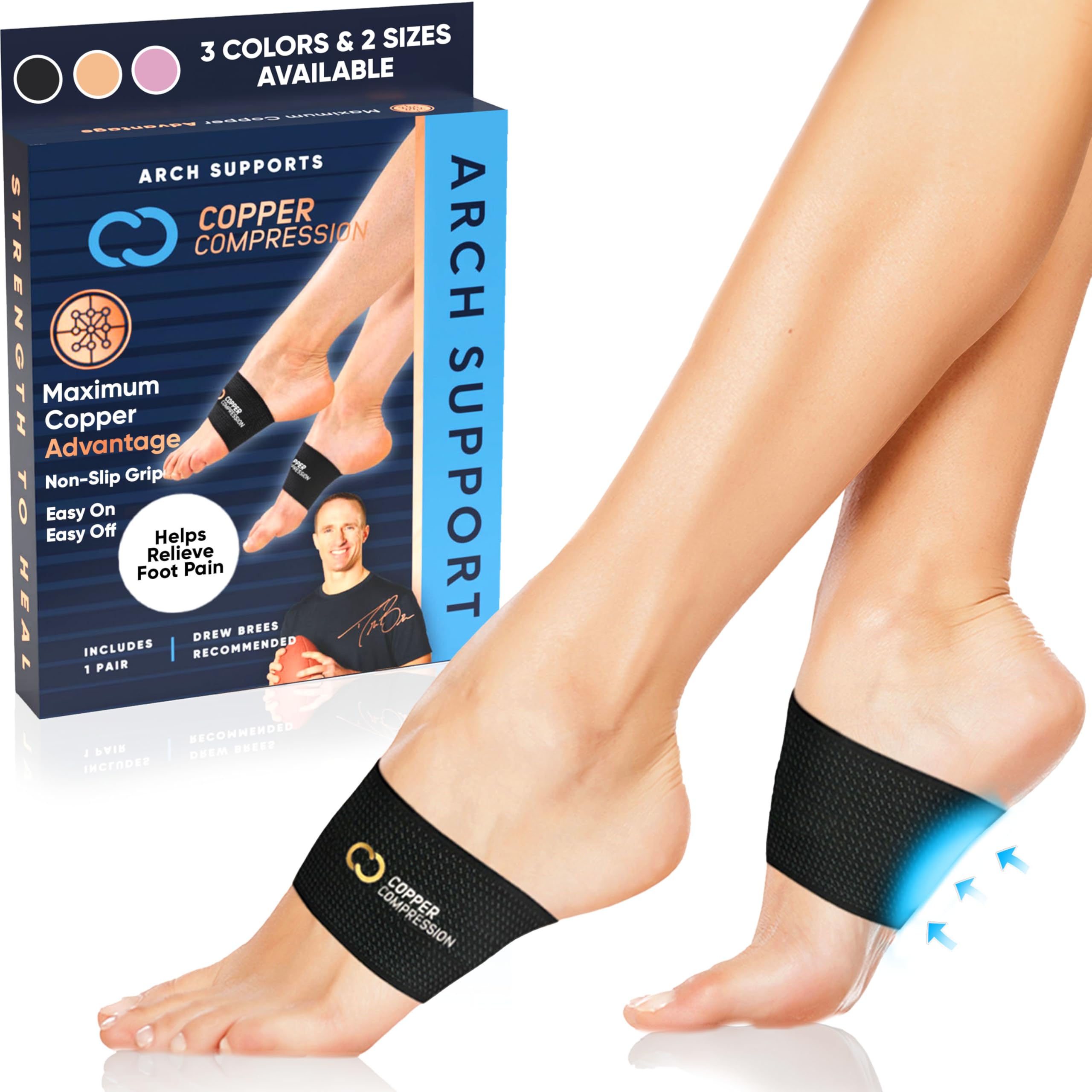 Copper Compression Arch Support - 2 Pain Relief Foot Care Brace Sleeves for Plantar Fasciitis, Heel Spurs - Wide & Narrow Feet - Flat Feet & Fallen Arches, High Arch - One Size - 1 Pair Black