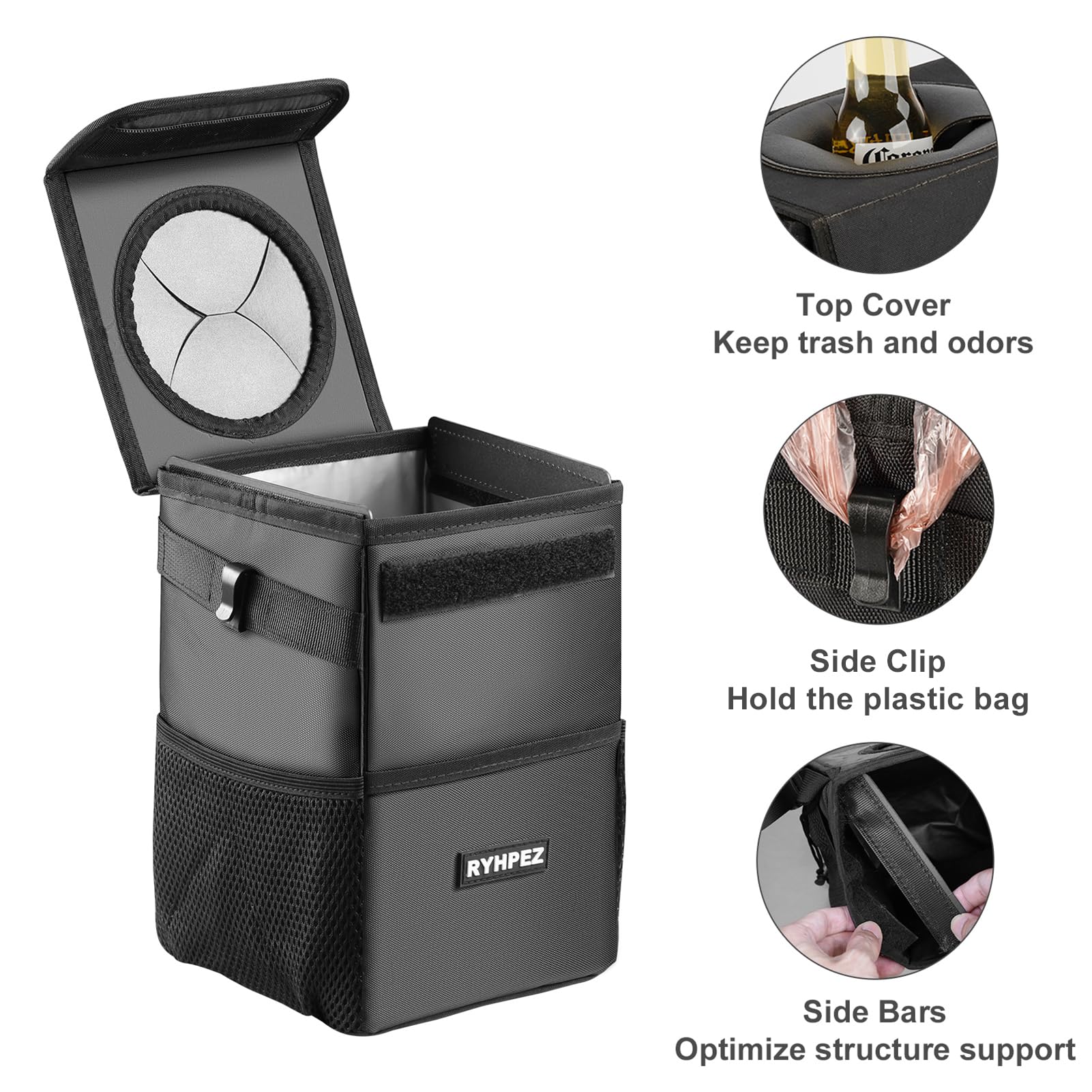 Ryhpez Car Trash Can with Lid - Leakproof Trash Bin Car Garbage Can, Collapsible Automotive Truck Organizer and Storage Bag Car Accessories for Women Men Road Trip Essentials