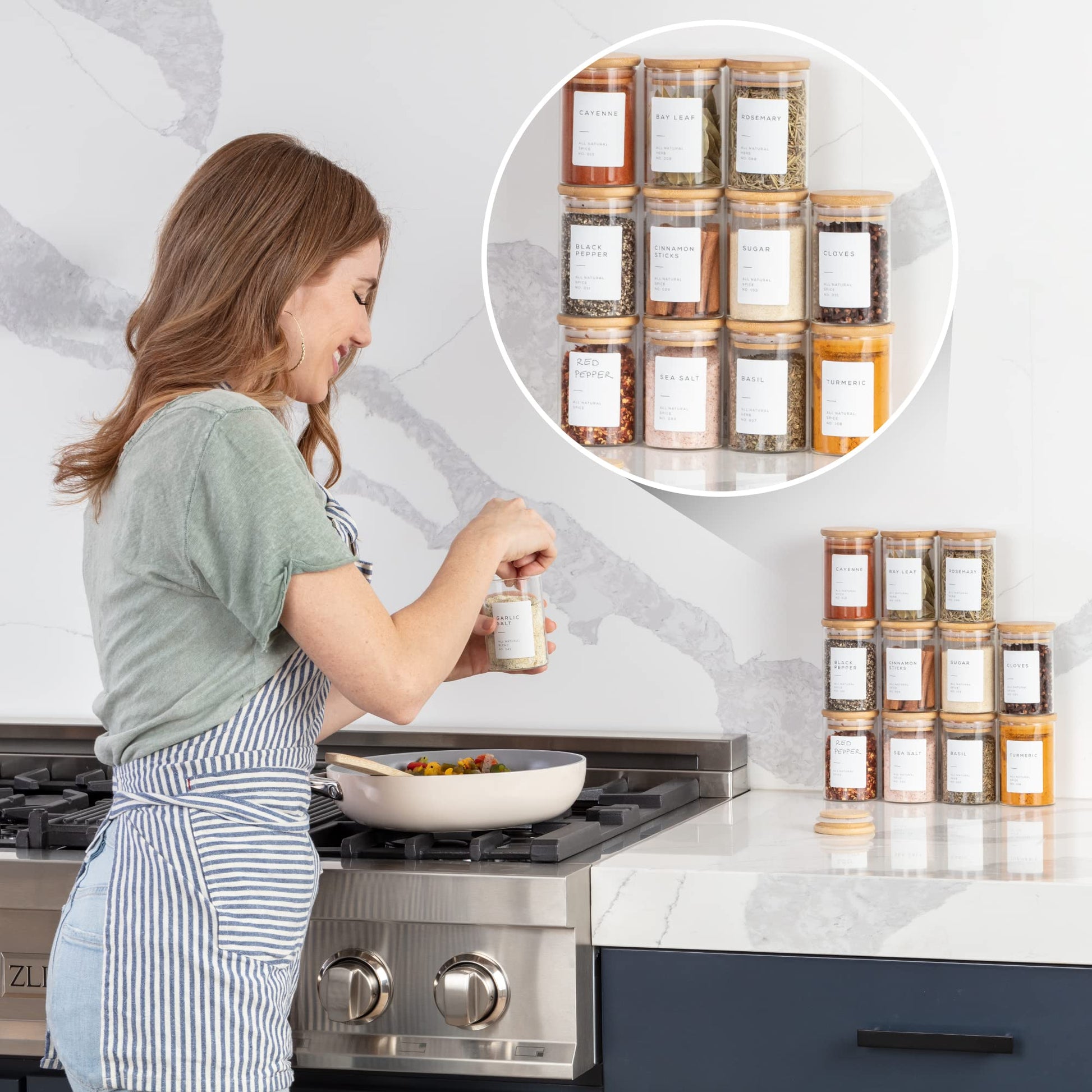 Bloomondo Empty Spice Jars with Label Pack (12x Bamboo Lid Glass Jar). Small 6oz Spice Storage Bottles with 112 Printed Stickers and 48 Writable Pantry Labels for Seasoning Containers