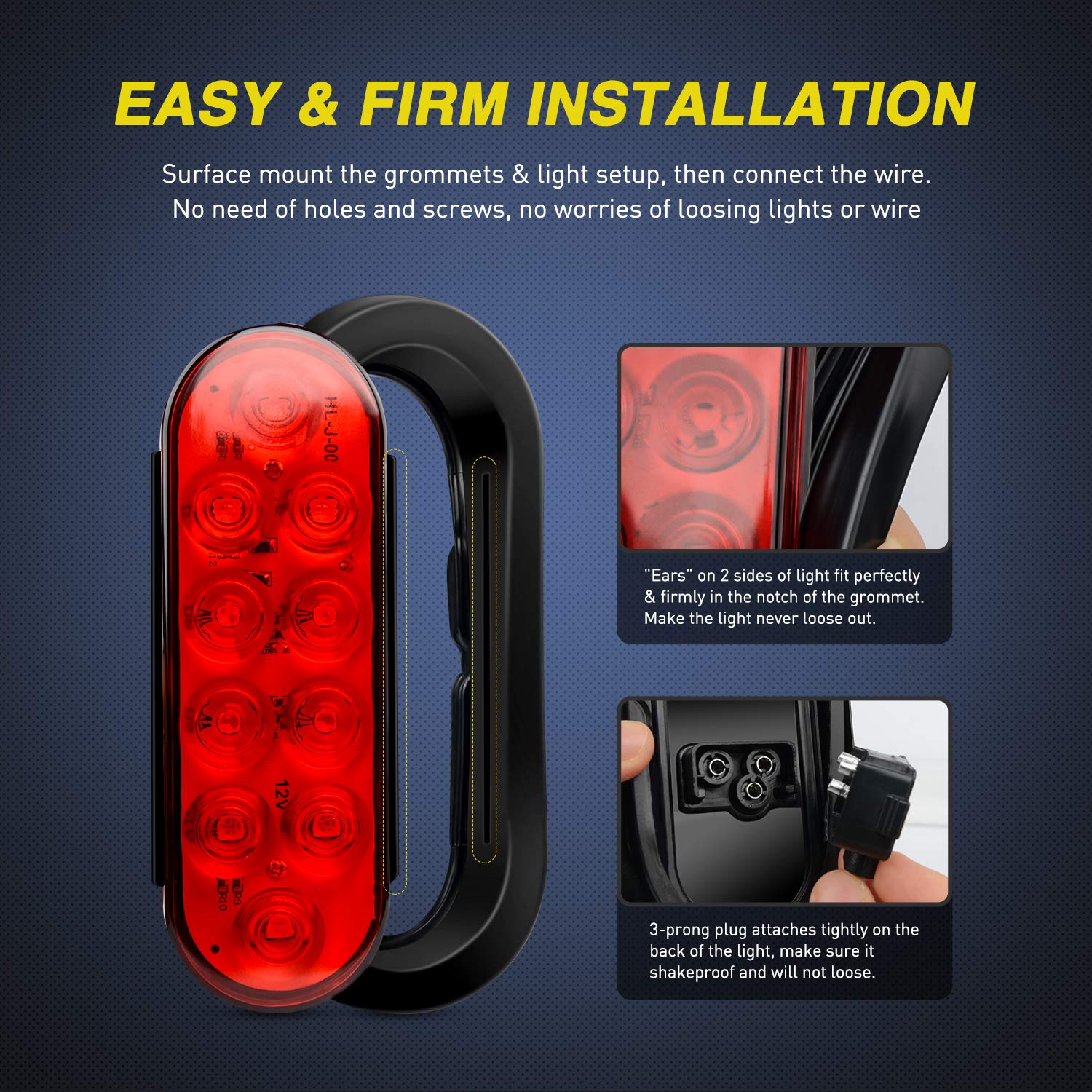Nilight - TL-01 6" Oval Red LED Tail 2PCS w/Surface Mount Grommets Plugs IP65 Waterproof Stop Brake Turn Trailer Lights for RV Truck Jeep