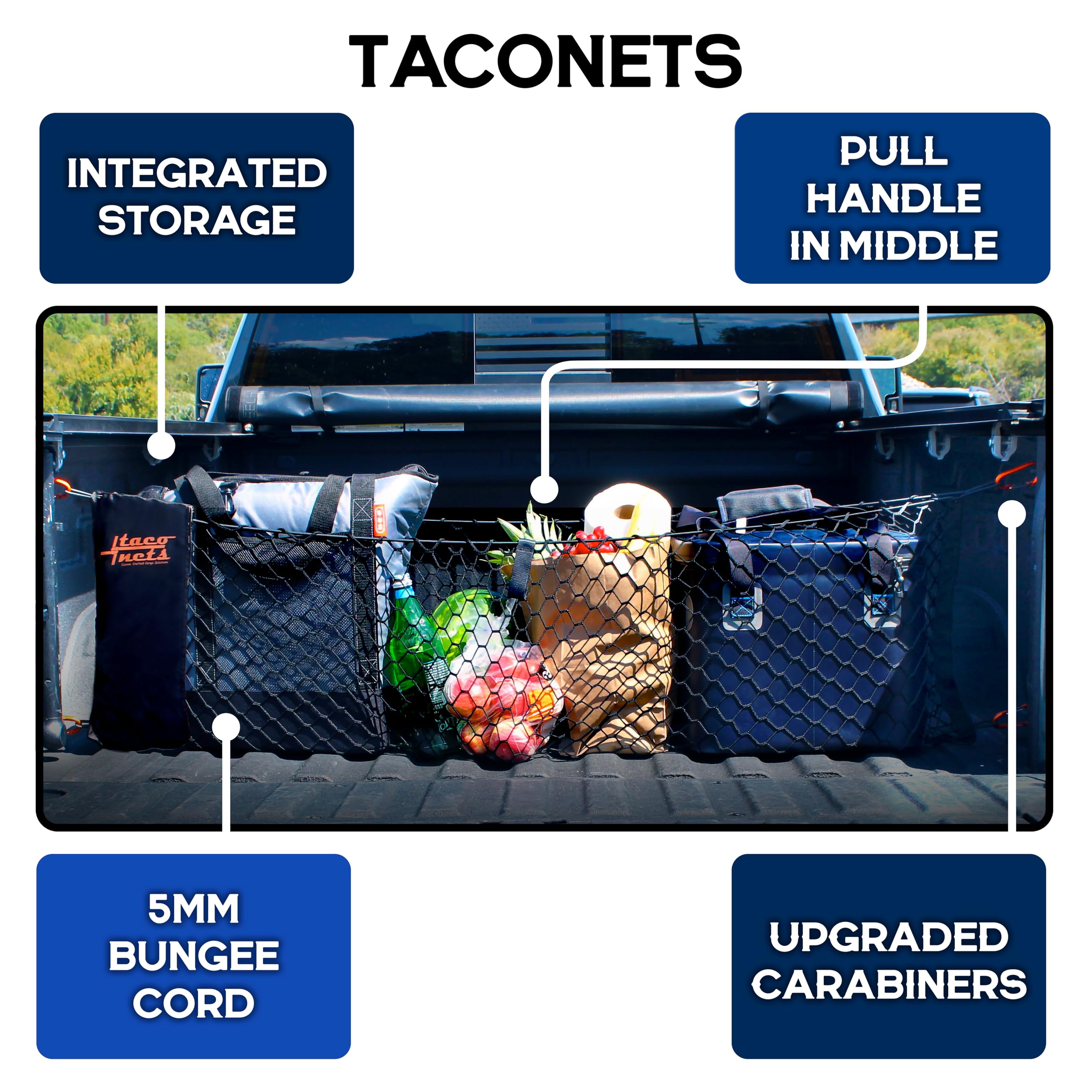 TacoNets Envelope Cargo Net for GMC Sierra & Chevy Silverado - Fits 2013-2025 - Upgraded 5mm Bungee - Integrated Storage Bag - Heavy Duty Carabiners - Designed in USA - 18" x 50"