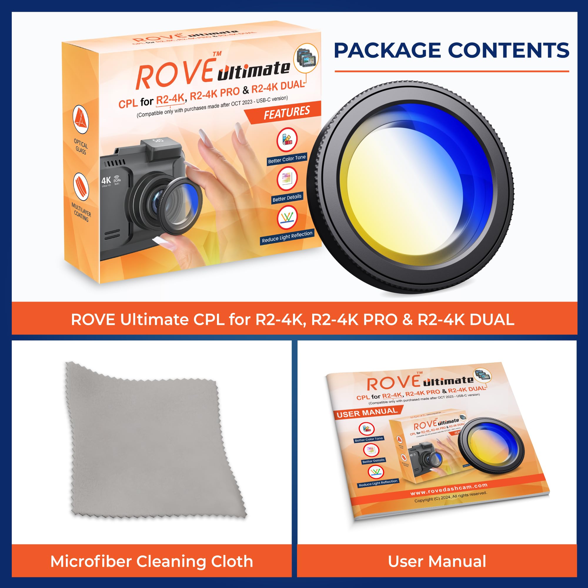 ROVE Ultimate CPL Filter, Anti-Glare Circular Polarizer Lens for ROVE R2-4K, R2-4K PRO, and R2-4K Dual Dash Cam Models