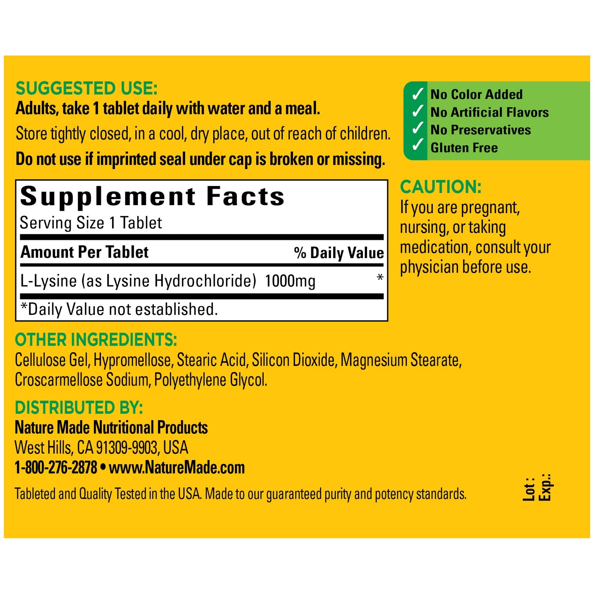 Nature Made L-Lysine 1000 mg, Dietary Supplement, 60 Tablets, 60 Day Supply