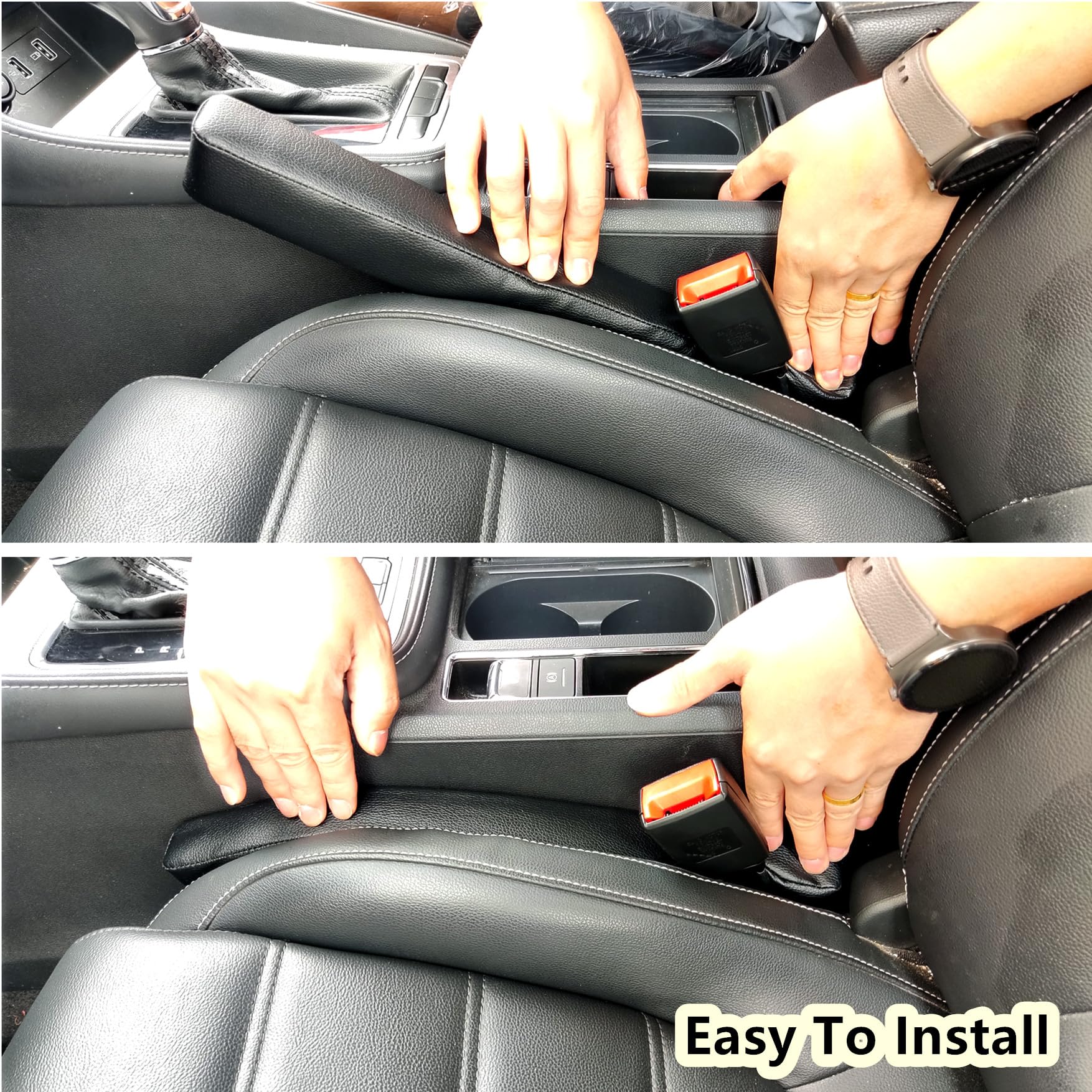 Wuzno Leather Car Seat Gap Filler, 2 Pack No-Drop Seat Guard Universal Gap Stopper/Catcher to Fill The Gap Between Seat and Console Black Car Crevice Blocker Space Pad