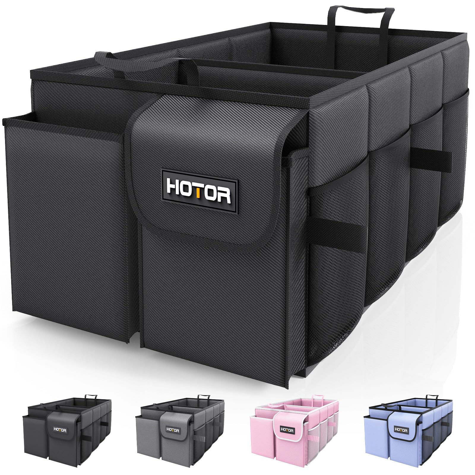 HOTOR Trunk Organizer - Car Organizer, Foldable Trunk organizer for SUVs & Sedans, Sturdy Car Organization for Car Accessories, Tools, Sundries, Black, 2 Compartments, 21.3"x12.6"x10.6"
