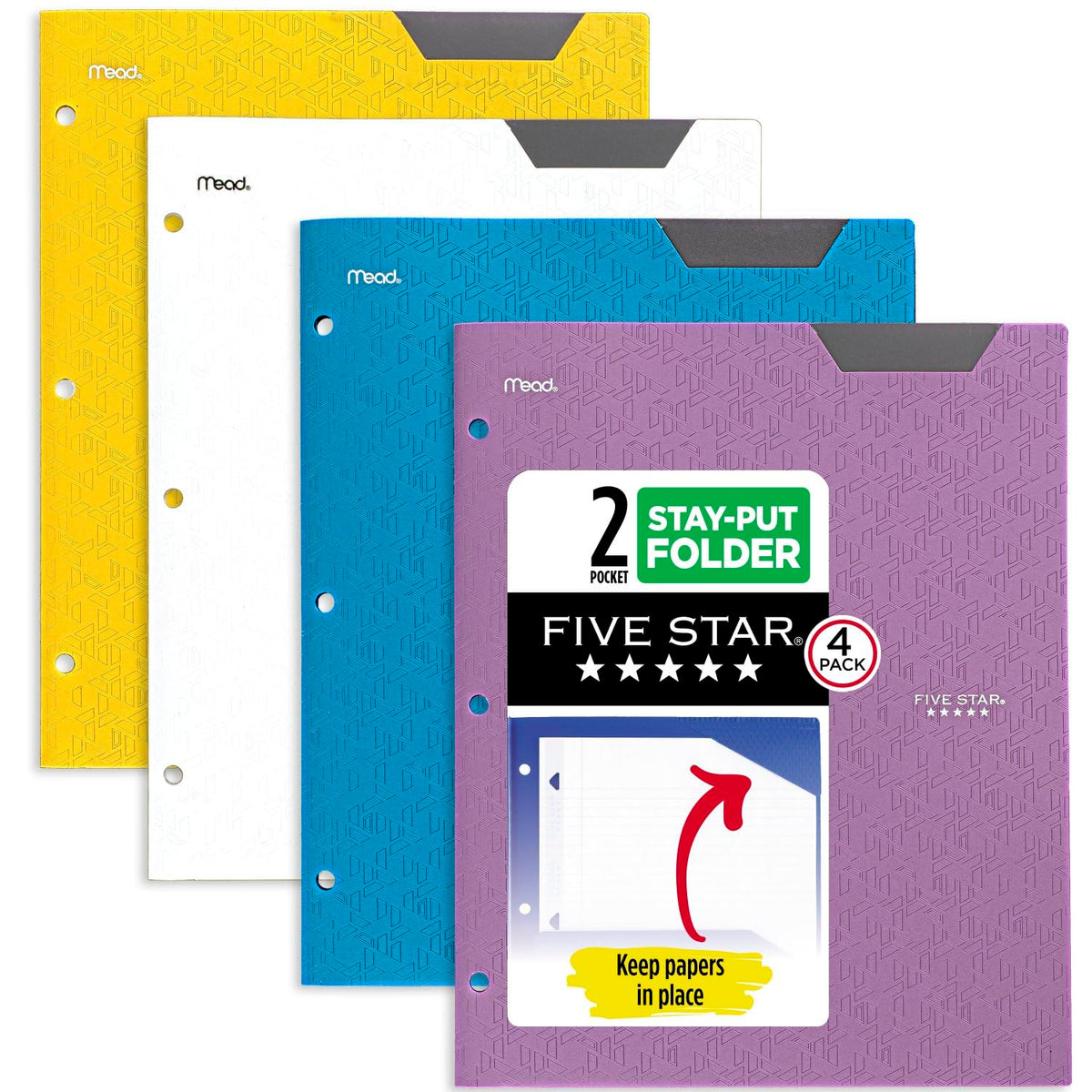 Five Star 2-Pocket Folder, 4 Pack, Plastic Folder with Stay-Put Tabs, Fits 3-Ring Binder, Holds 8-1/2" x 11" Paper, Tidewater Blue, White, Amethyst Purple, Harvest Yellow (38065)