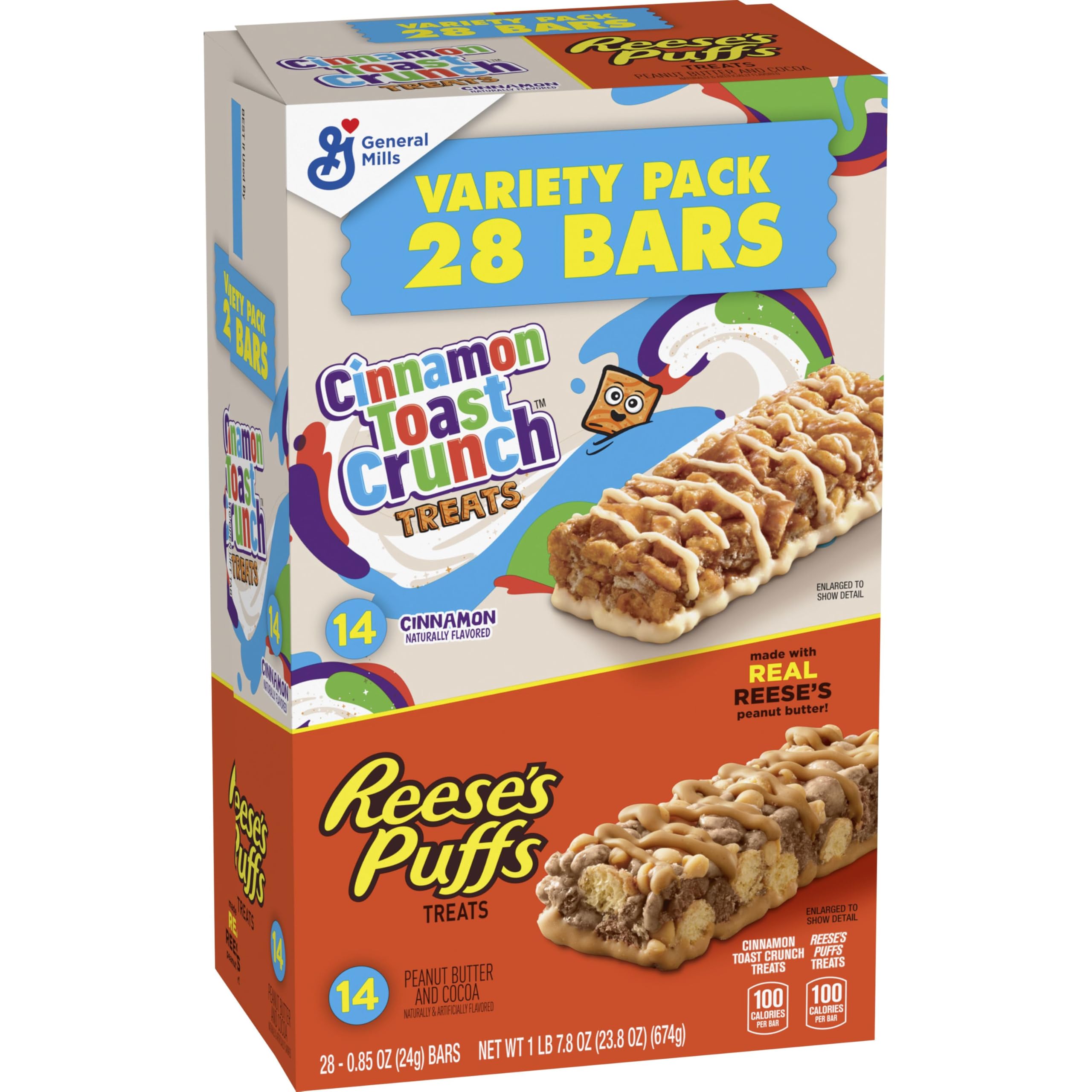 Cinnamon Toast Crunch and REESE'S Puffs Cereal Treat Bars Variety Pack, Snack Bars, 28 Ct, 23.8 oz