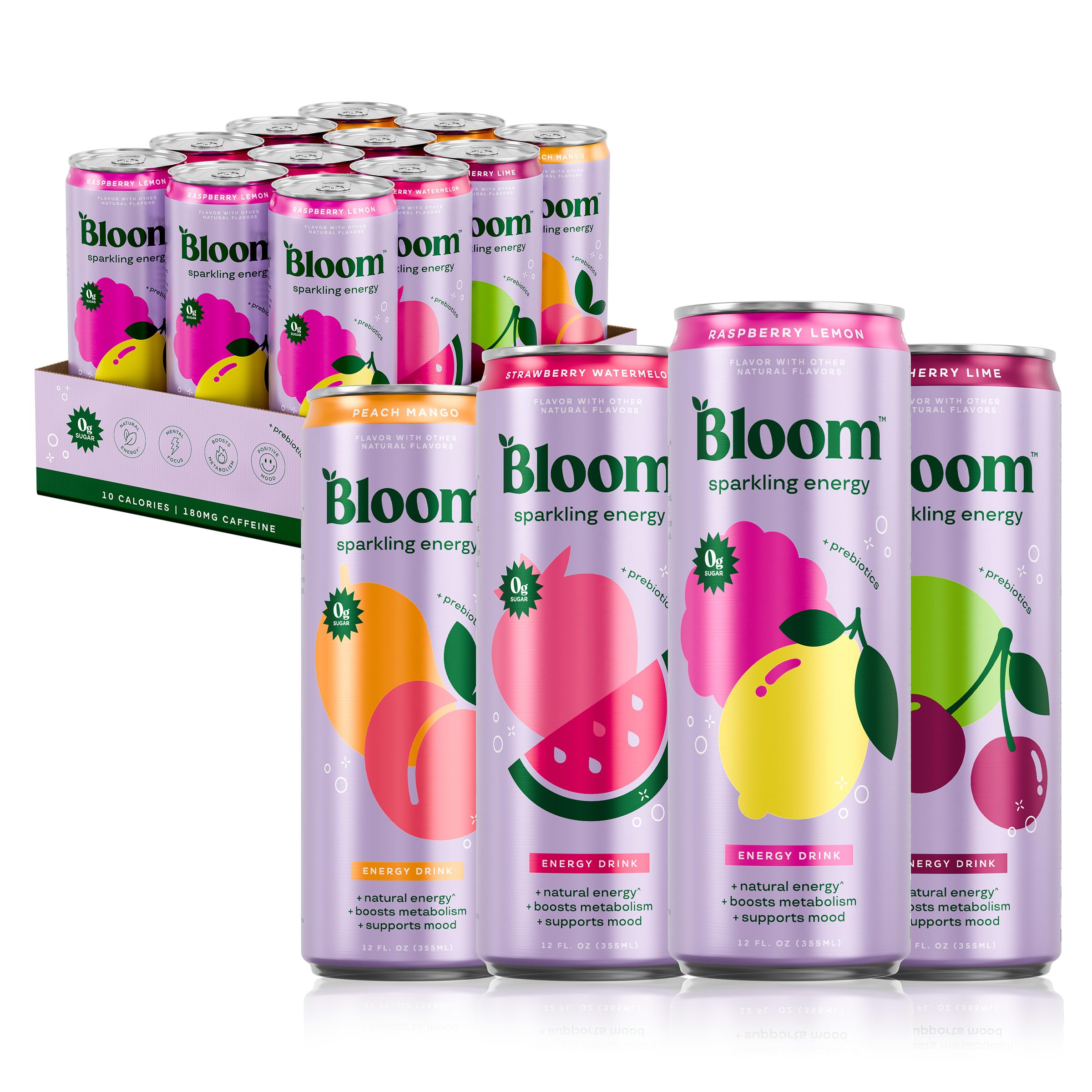 Bloom Nutrition Sparkling Energy Drink - Probierpaket - Natürliches Koffein, null Zucker, 180 mg Koffein - Antioxidantienreich mit Grünkaffeeextrakt, Grüntee-Extrakt, Präbiotika - 355 ml 12er-Pack