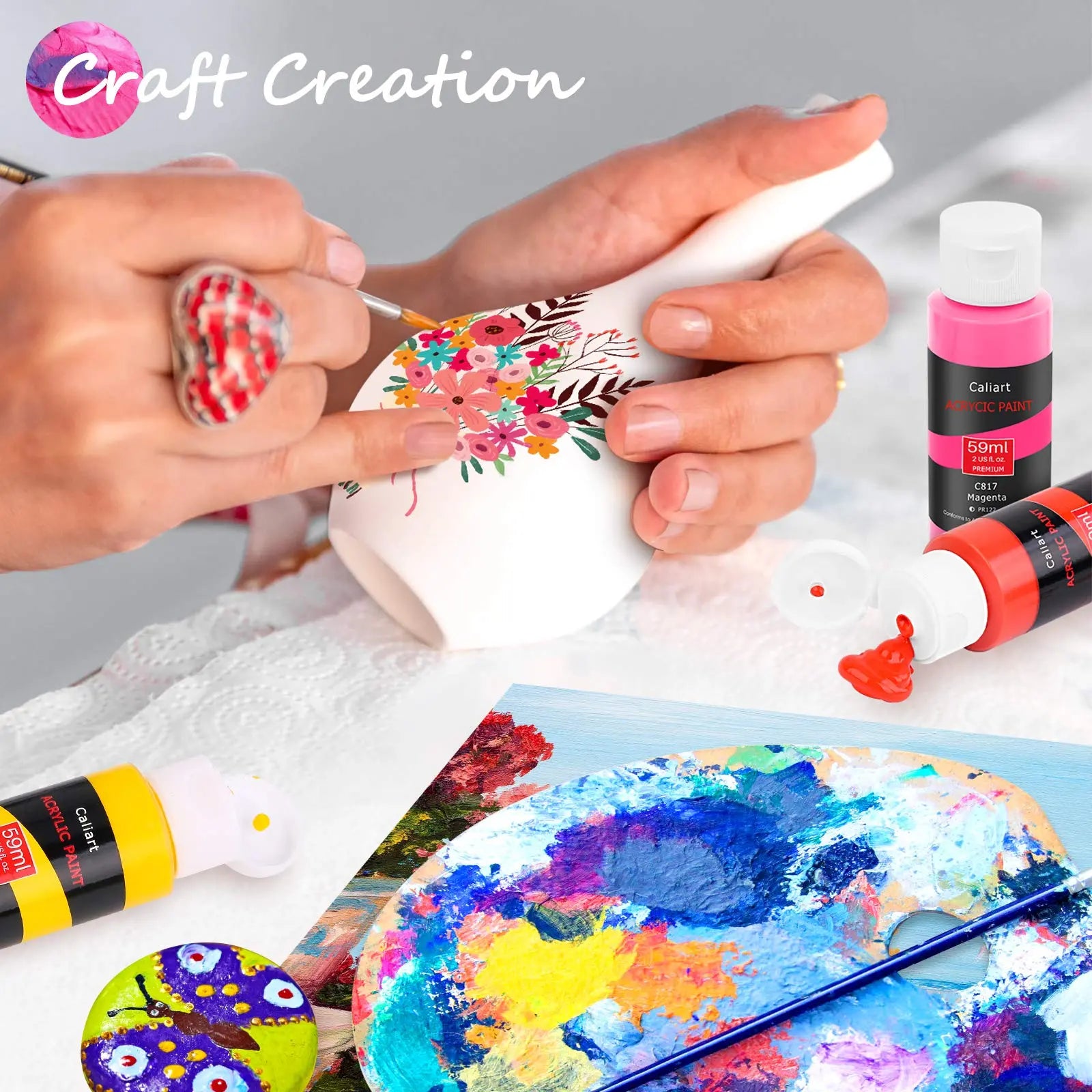 Caliart 24 Colors Acrylic Paint Set with 12 Brushes, Art Craft Paints Gifts Trendy Stuff for Adults Artists Kids Teens, Halloween Pumpkin Canvas Ceramic Rock Eggs Painting Kit Art Supplies