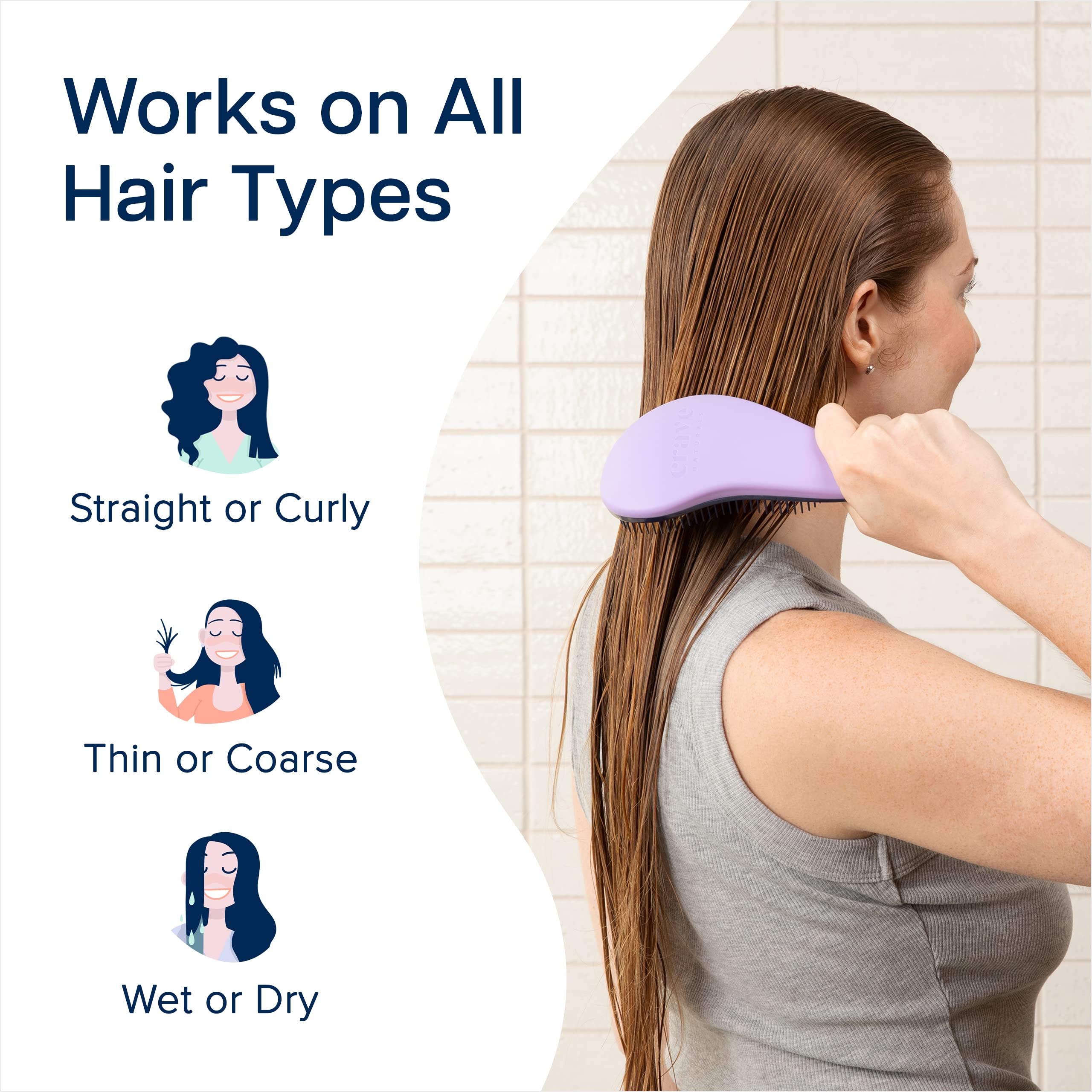 Crave Naturals Glide Thru Hair Brush - Detangler Brush for Curly, Straight, Wet or Dry Hair - Gentle Detangling Brushes for Adults, Kids, Toddlers - Hair Accessories for Women, 7.5x3" - Purple