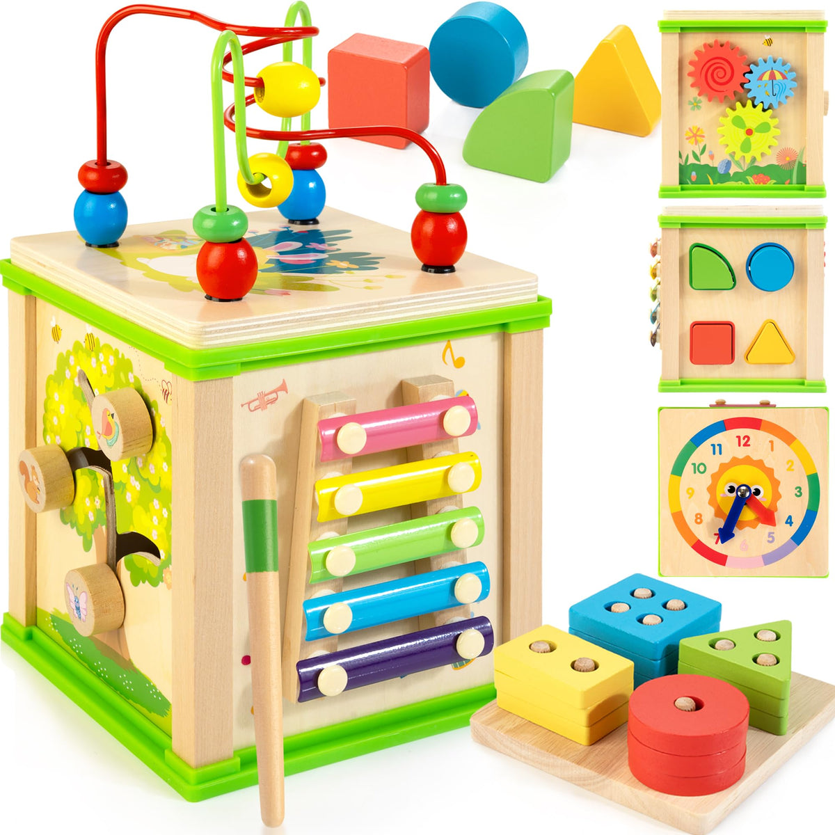 Wooden 7-in-1 Activity Cube| Montessori Toys for 1 2 3 Year Old Toddlers| Baby Educational Developmental Toys |One Year Old Boys Girls First Birthday Gifts |Bonus Sorting & Stacking Board