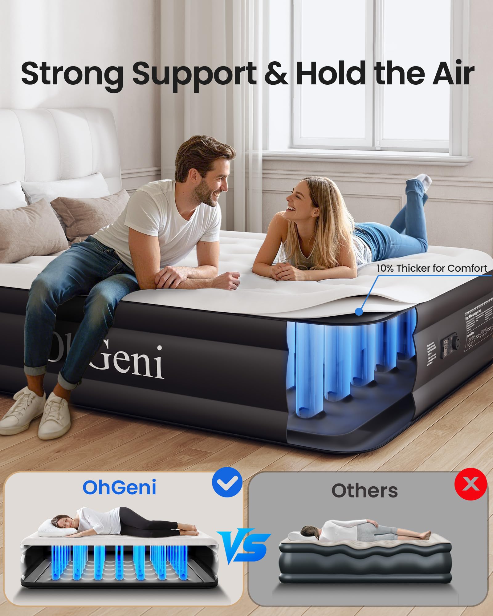 OhGeni Queen Air Mattress with Built in Pump, Inflatable Blow Up Mattress 18 Raised Comfort,Upgraded Surface Portable Mattress, Air Bed for Camping, Home and Guest, Colchone Inflable, 650 lbs Max