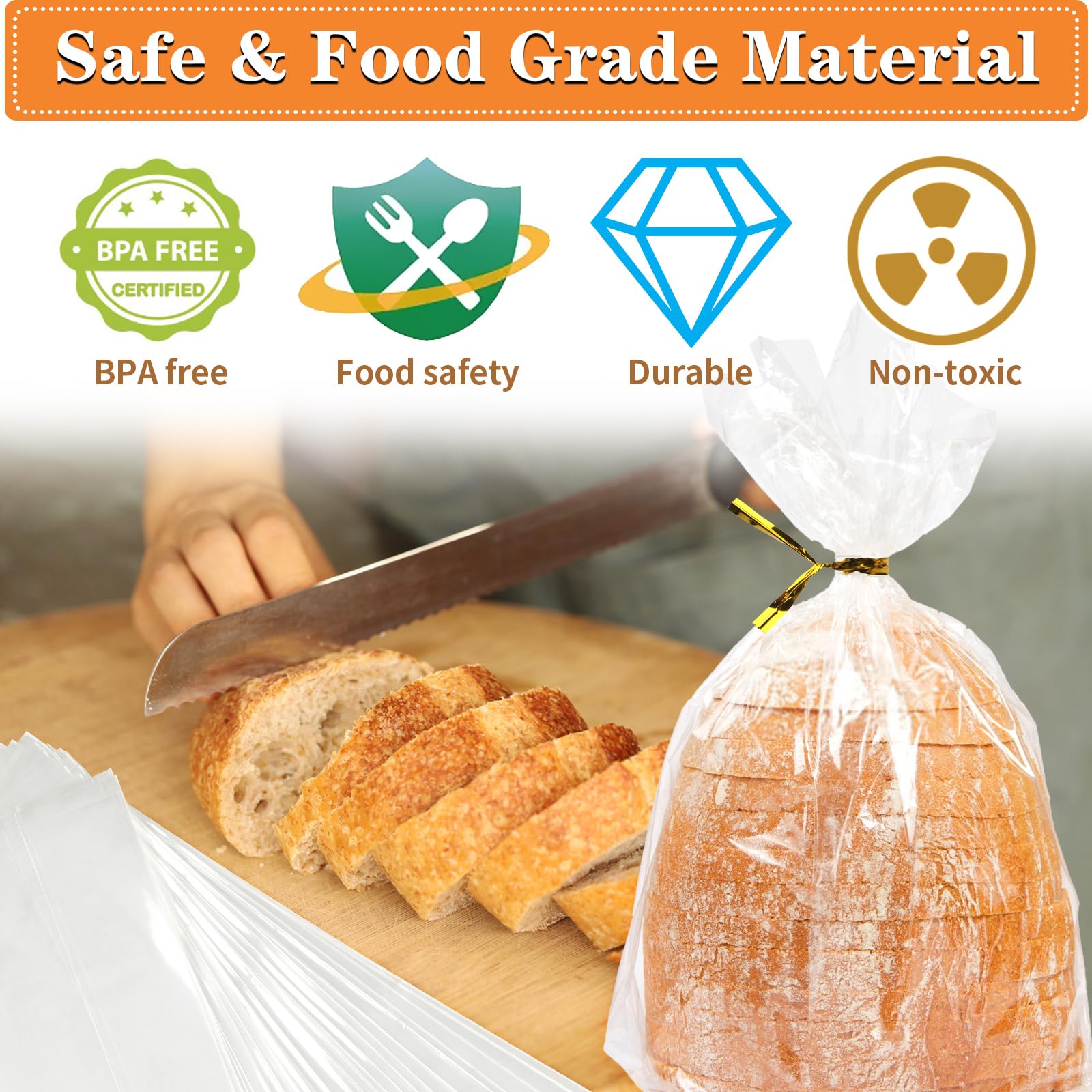 Clear Bread Bags with Ties, 30 Reusable Plastic Bags for Homemade Bread and Bakery Use, 50 Adjustable Ties