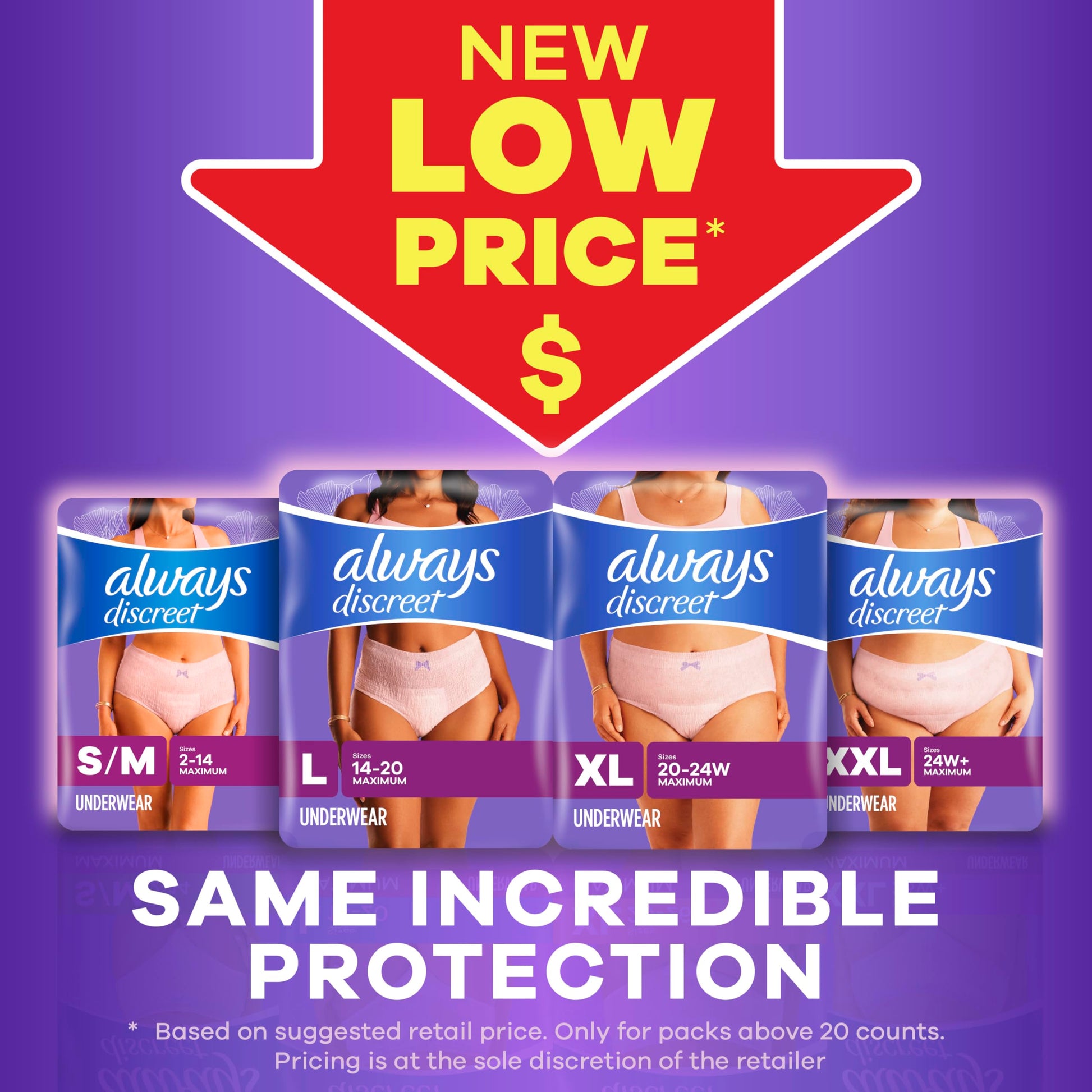 Always Discreet Adult Incontinence Underwear for Women and Postpartum Underwear, Extra Large, Up to 100% Bladder Leak Protection, 64 Count (2 Packs of 32)