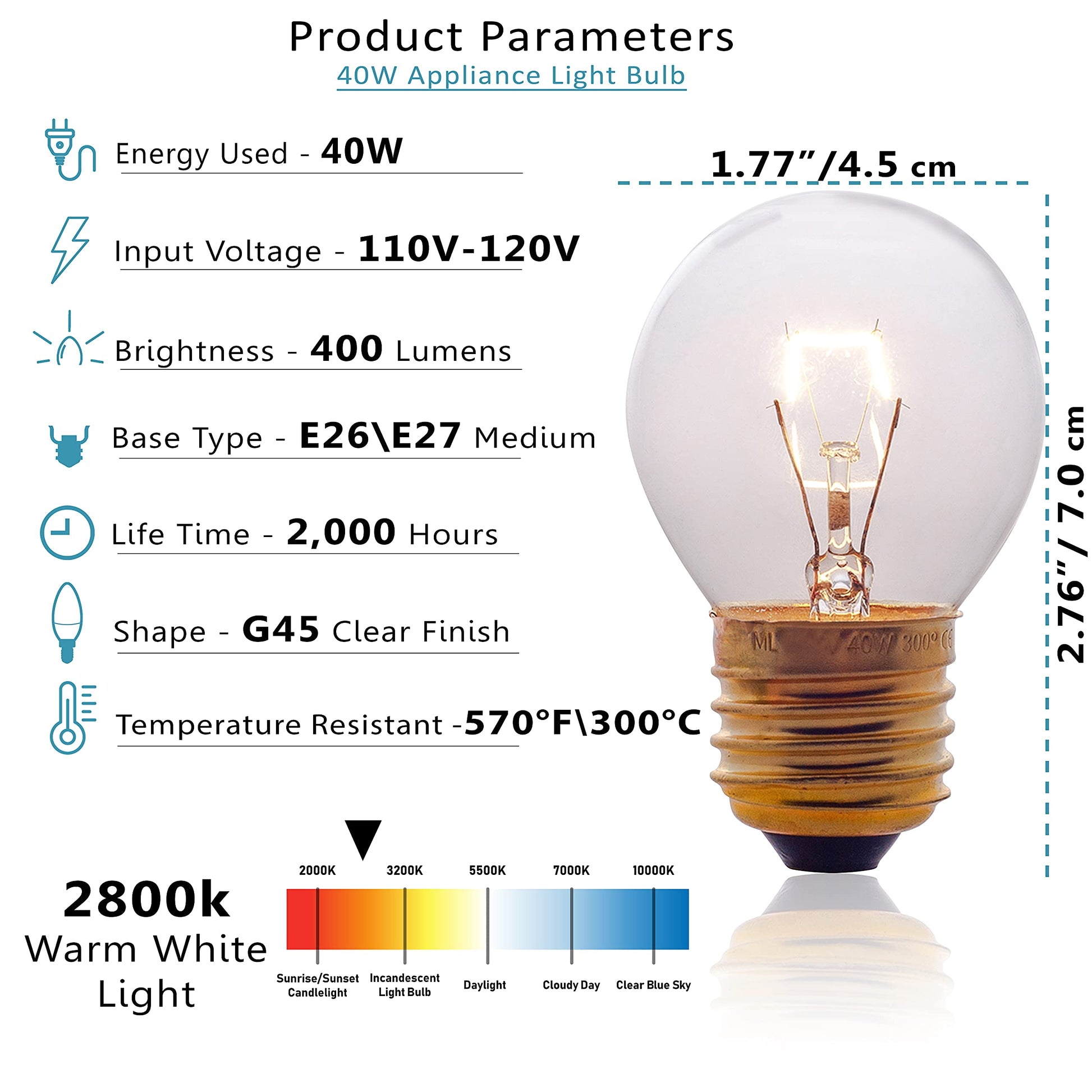 Oven Light Bulb – 40 Watt Appliance Replacement Bulbs for Oven, Stove, Refrigerator, Microwave. Incandescent - High Temp G45 E26/E27 Socket -Warm White - 400 Lumens - Clear.2 Pack