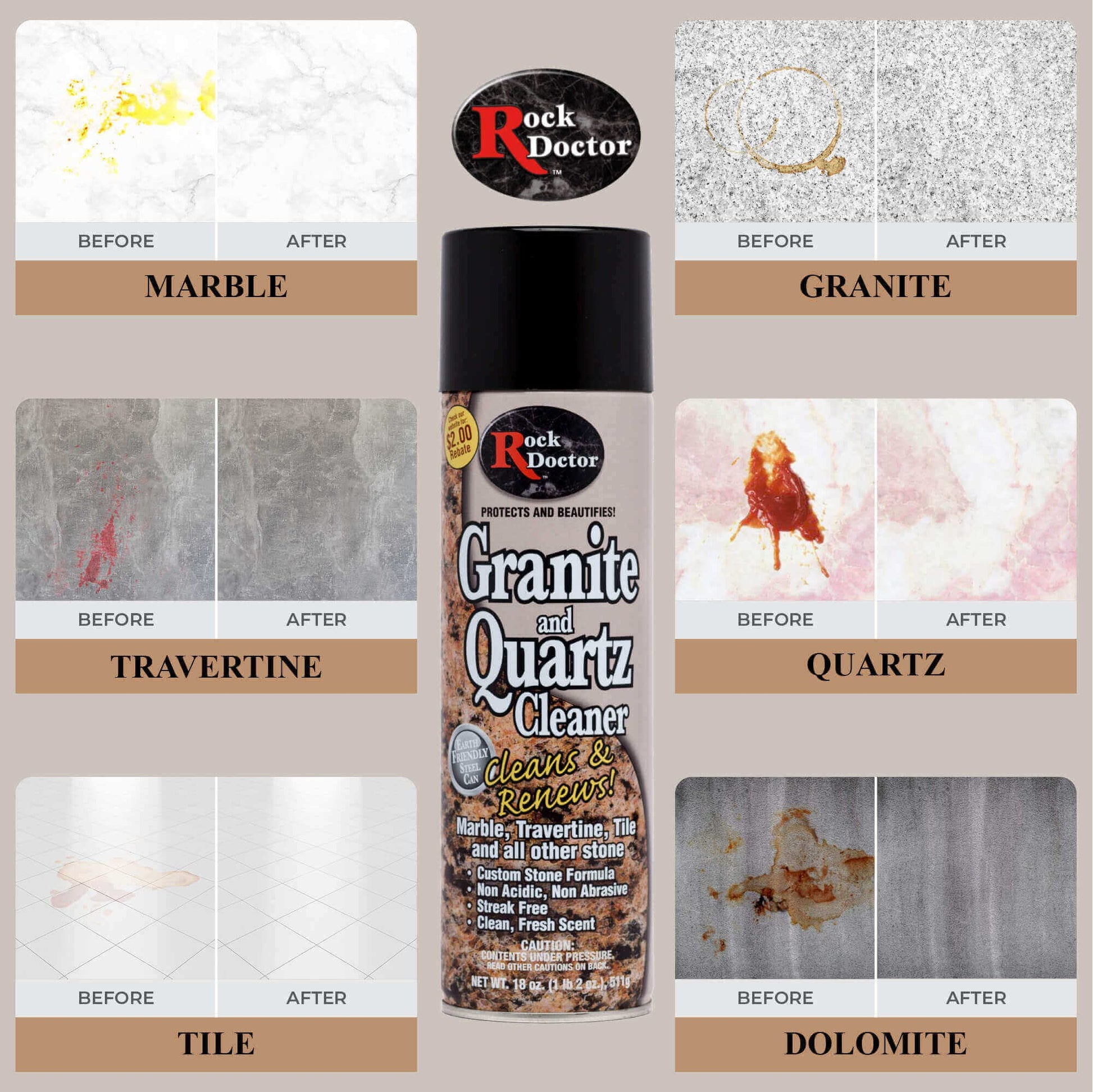 Rock Doctor Granite Cleaner, Cleans& Renews Surfaces, Granite/Marble Countertop Cleaner, Cleaning Spray for Vanity, Table Top, Kitchen Counters, Stone Surfaces 18 Fl Oz Pack of 2