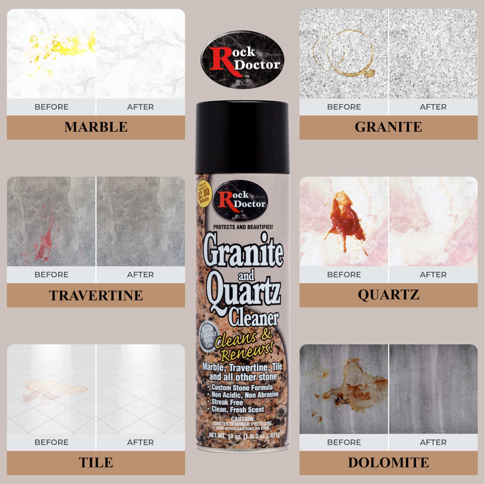 Rock Doctor Granite Cleaner, Cleans& Renews Surfaces, Granite/Marble Countertop Cleaner, Cleaning Spray for Vanity, Table Top, Kitchen Counters, Stone Surfaces 18 Fl Oz Pack of 2