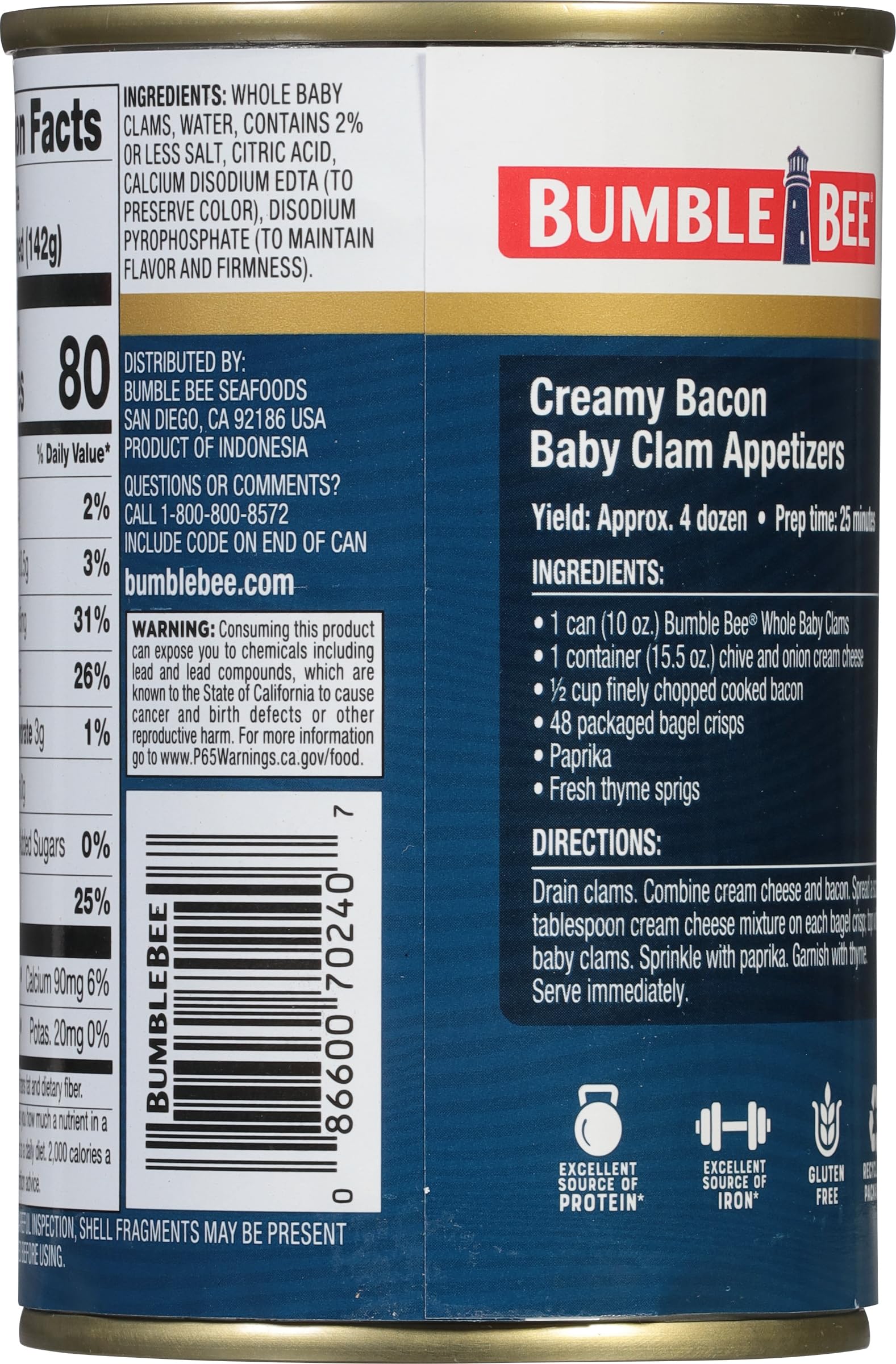 Bumble Bee Whole Baby Canned Clams, 10 oz Can - Ready to Eat - 14g Protein per Serving - Gluten Free