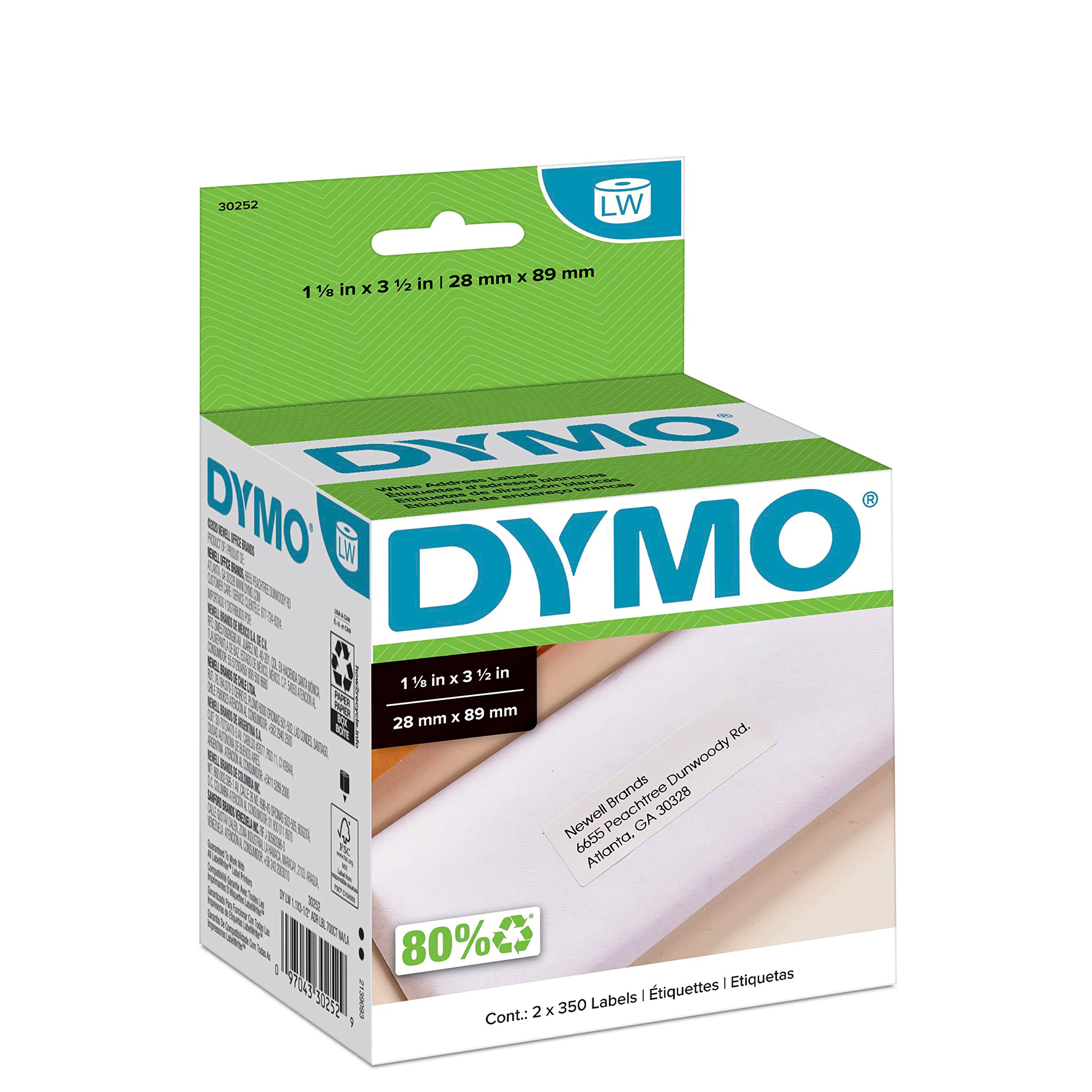 DYMO Authentic LW White Mailing Address Labels, DYMO Labels for LabelWriter Label Printers, 1-1/8" x 3-1/2", 2 Rolls of 350 (700 Total)