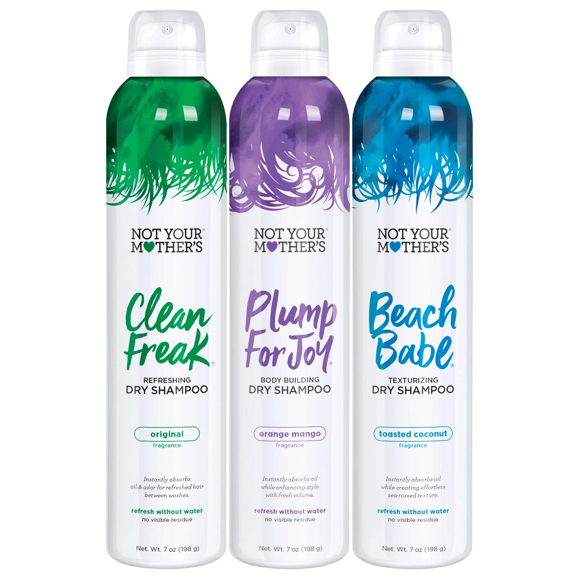 Not Your Mother's Dry Shampoo Spray Signature Assortment (3-Pack) - 7 oz Each - Clean Freak, Plump for Joy & Beach Babe - Instantly Absorbs Oil & Extends Style Life for Refreshed Hair