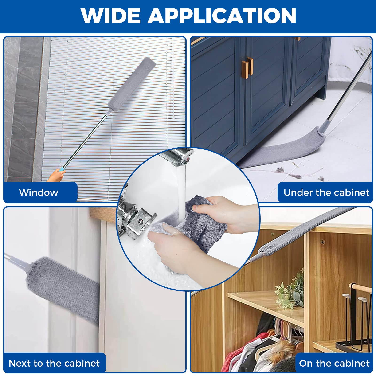 Retractable Gap Dust Cleaner Cleaning Tools with 2 Microfiber Dusting Cloths Long Handle 60inches Washable and Retractable Duster Brush for Cleaning Under Appliances Furniture Couch Fridge