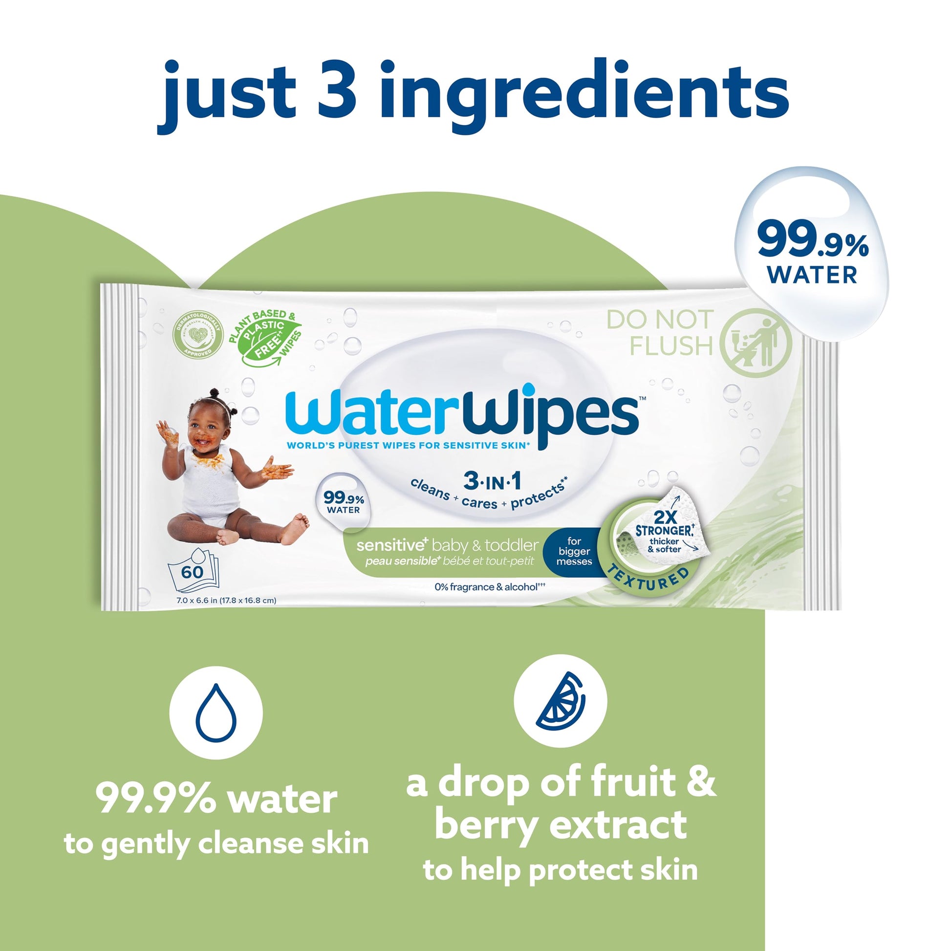 WaterWipes Sensitive+ Baby & Toddler Wipes, 3-In-1 Cleans, Cares, Protects, 99.9% Water, Textured Clean, Unscented & Hypoallergenic, 540 Count (Pack of 9)
