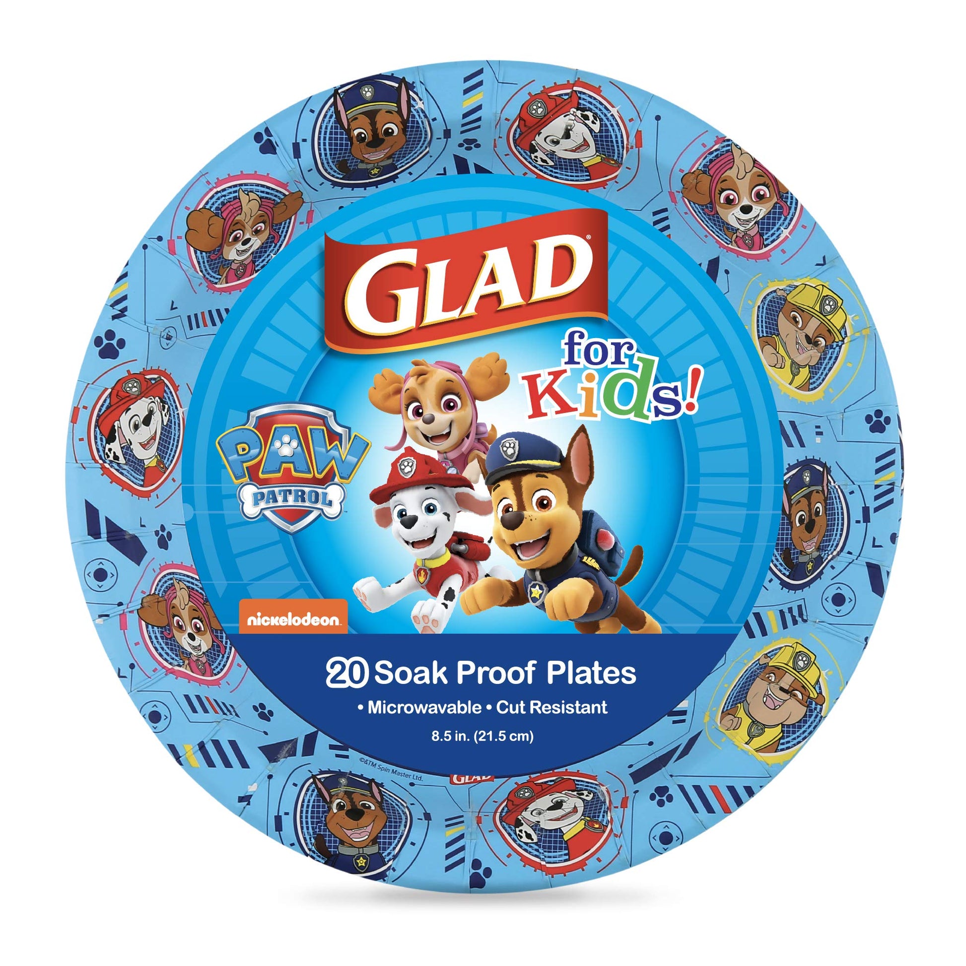 Glad for Kids Paw Patrol Round Disposable Paper Plates, Core Pups Blue - Heavy Duty, Soak Proof, Microwavable Plates for Everyday Use, 8.5 Inch, 20 Count