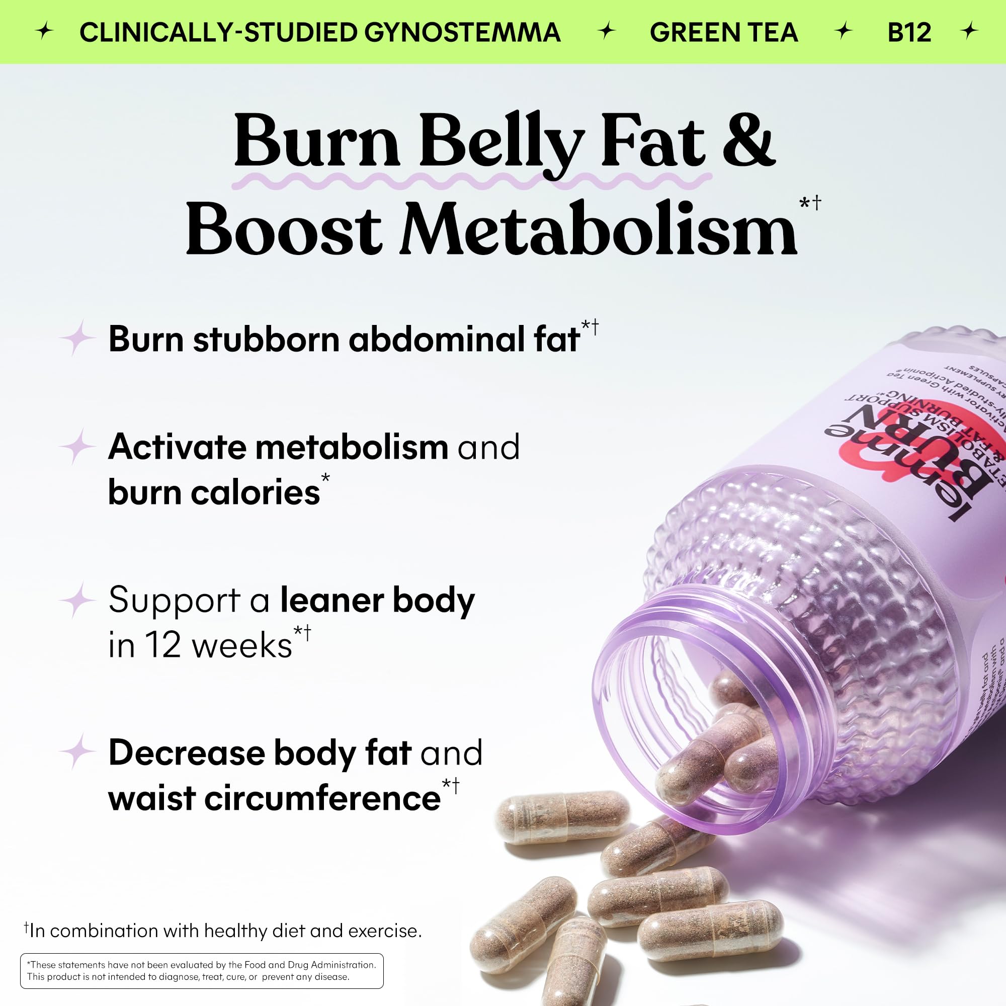 Lemme Burn - Metabolism, Belly Fat Burning + AMPK Activating Supplement for Men & Women w/Clinically Studied Actiponin Gynostemma, Green Tea Extract, Vitamins B6 & B12 - Gluten Free, 60 Count