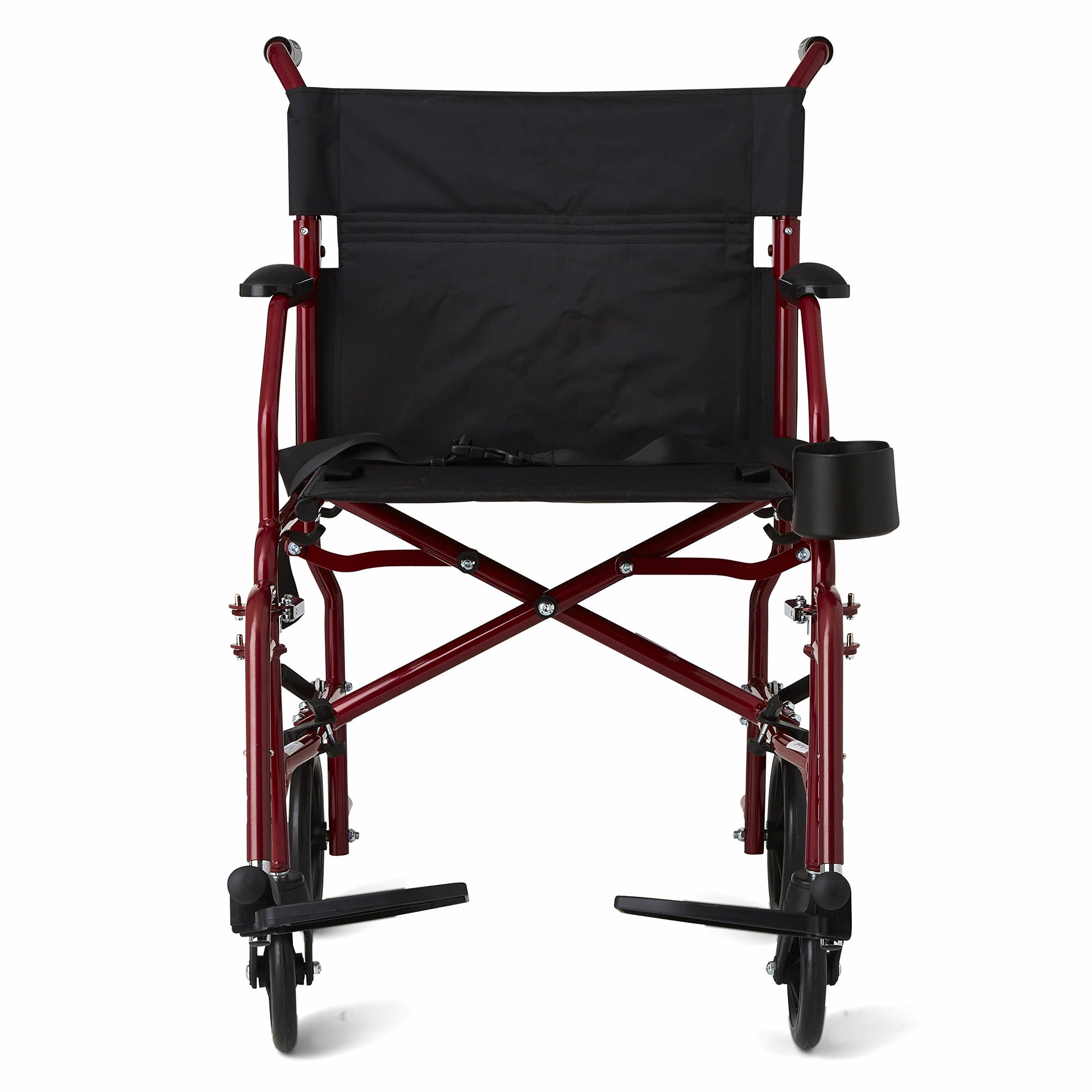 Medline Ultra Lightweight Transport Wheelchair for Adults, Foldable, 19-Inch Seat Width, Red Frame, Black Upholstery