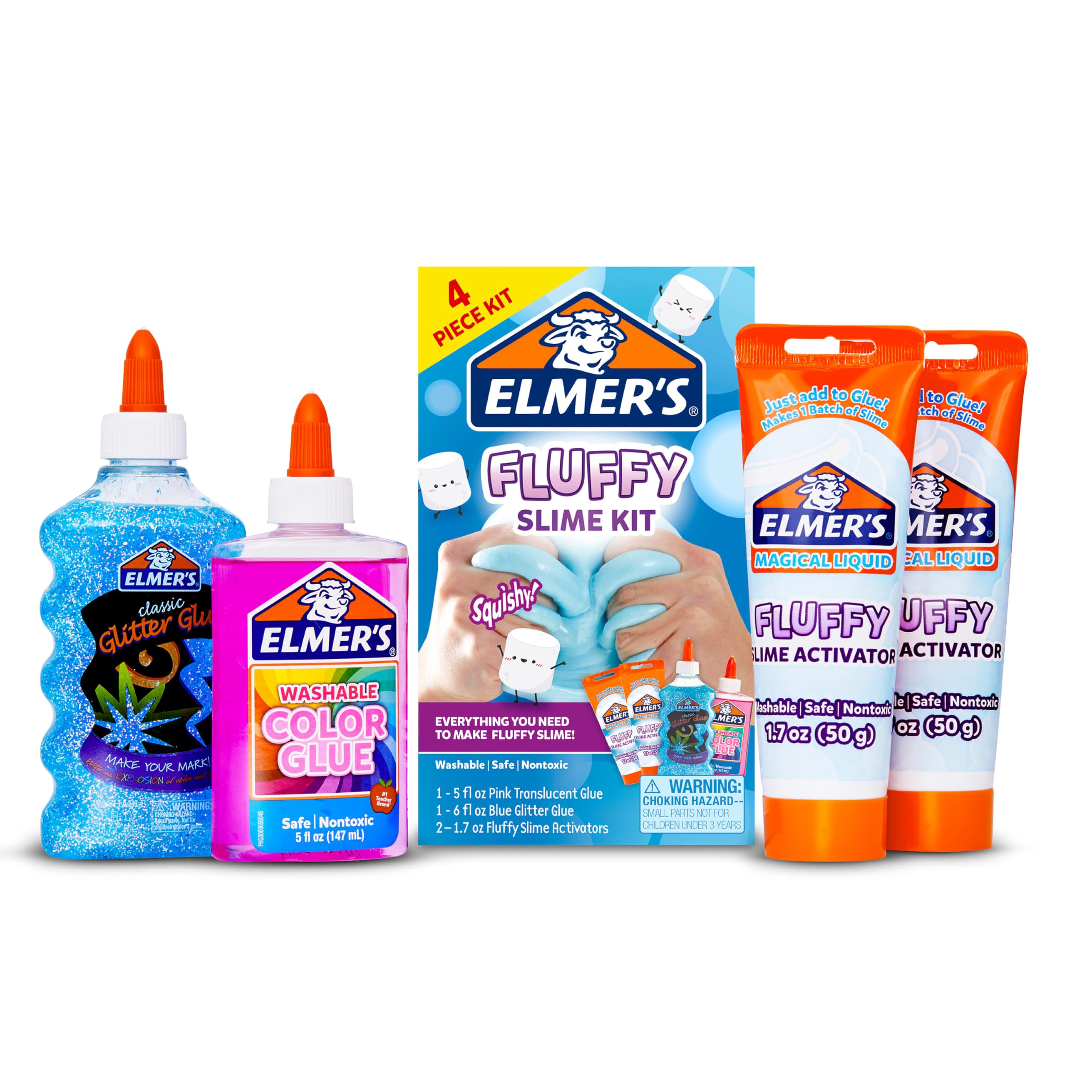 Elmer's Fluffy Slime Kit, Includes Translucent Color Glue, Glitter Glue, Fluffy Slime Activator, 4 Count - Perfect for Parties, Gift, Activity Time