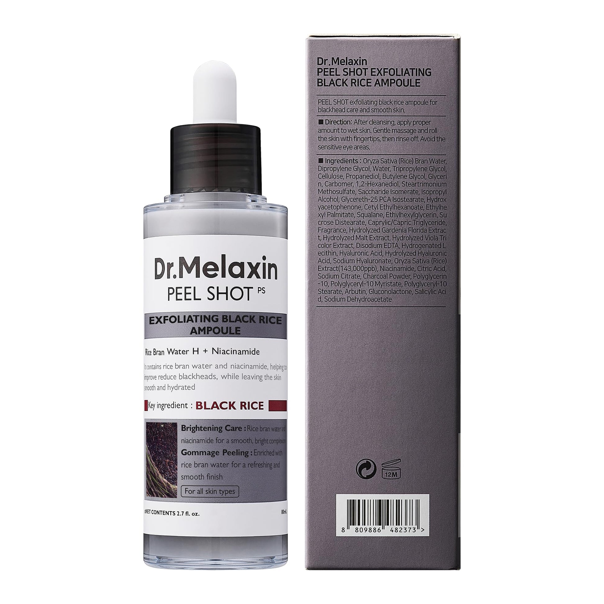 Dr.Melaxin Peel Shot Glow Black Rice Peeling Ampoule, Soft Exfoliating Face and Body Scrub Dead Skin Cells, Blackheads Remover for All Skin Types korean skin care 80ml