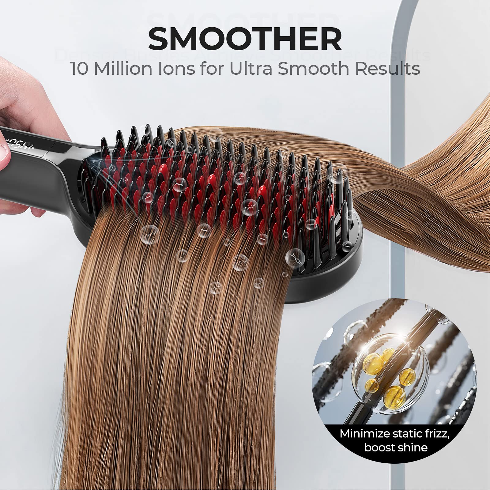 TYMO Hair Straightener Brush - Upgraded Ionic Plus Straightening Brush with Dense Bristles, 16 Temps, Dual Voltage | Ceramic Hot Comb for Women | Flat Iron for Thick Curly Hair, Black