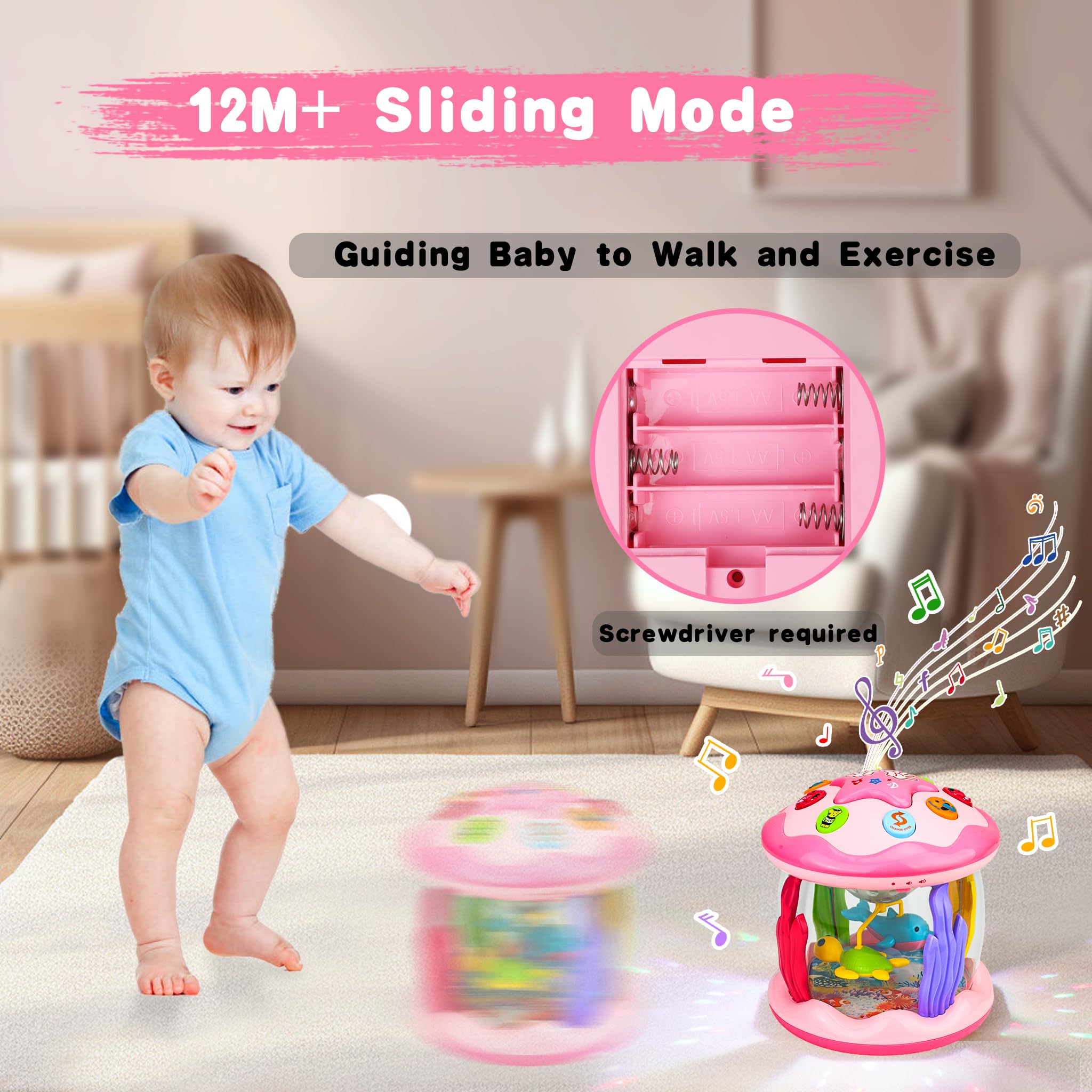 Aboosam Baby Girl Toys 6-12 Months: Babies Ocean Rotating Light Up Musical Toys 12-18 Months Crawling Learning Infant Toy for Toddlers 1 2 3 Years Old Baby Girl Gifts (Pink)