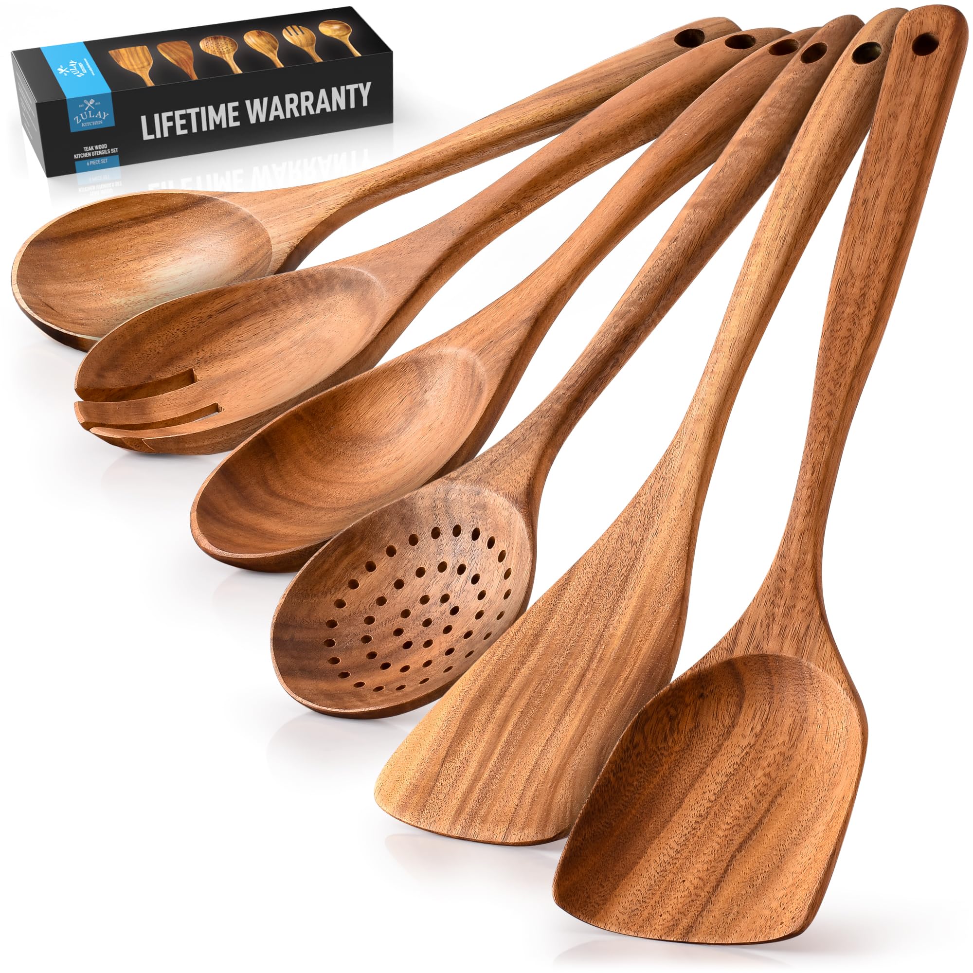 Zulay Kitchen 6-Piece Wooden Cooking Spoons Set - Heat-Resistant, Smooth Teak Utensils with Comfort Grip - Lightweight & Durable - Easy to Clean, Perfect for Non-Stick Cookware