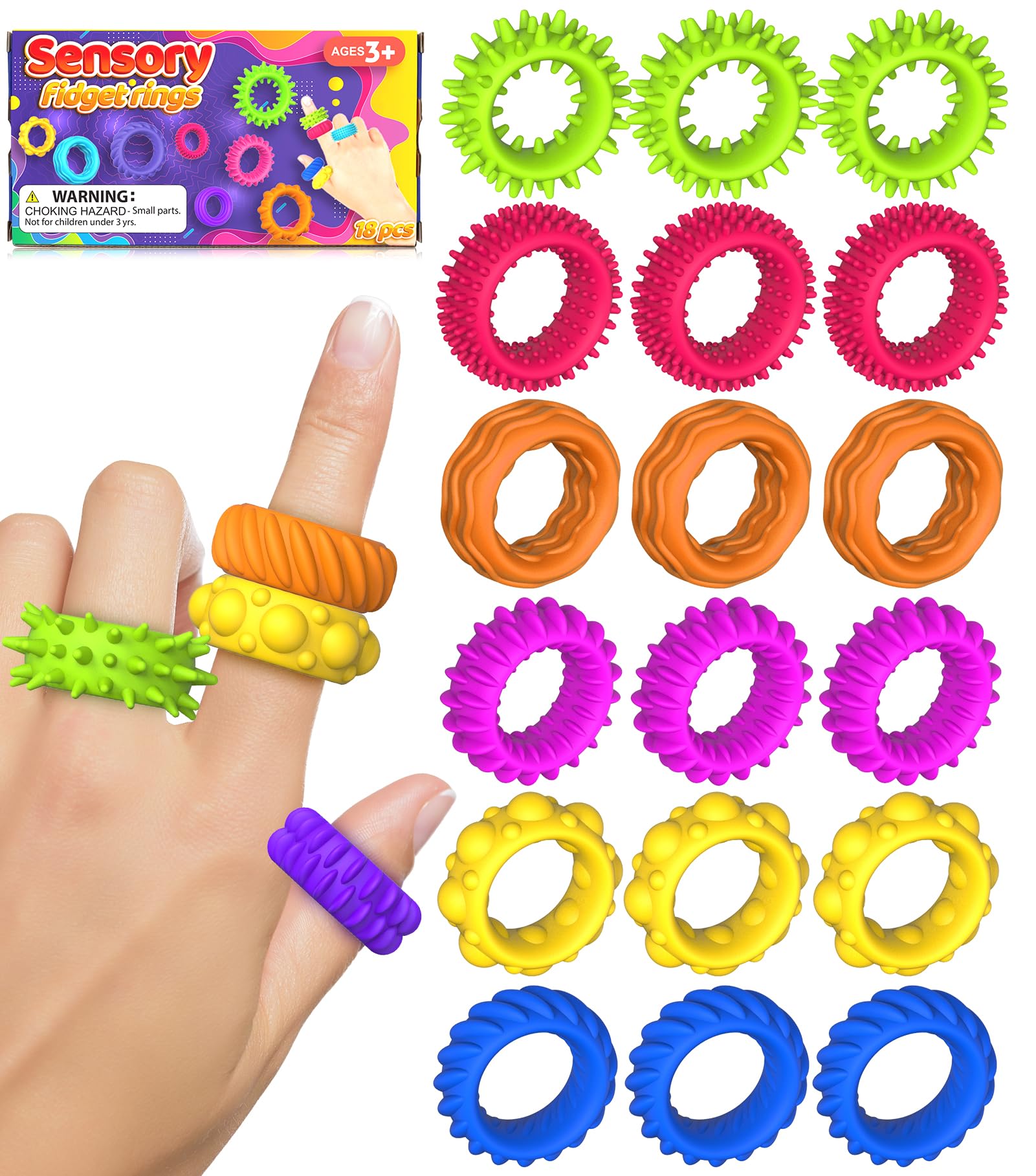 Fidget Toys Sensory Rings for Kids: Fidget Ring 18 Pack - Sensory Toys for Kids with Autism - Quiet Anxiety Fidgets Bulk for Classroom Prize - Christmas Stocking Stuffers