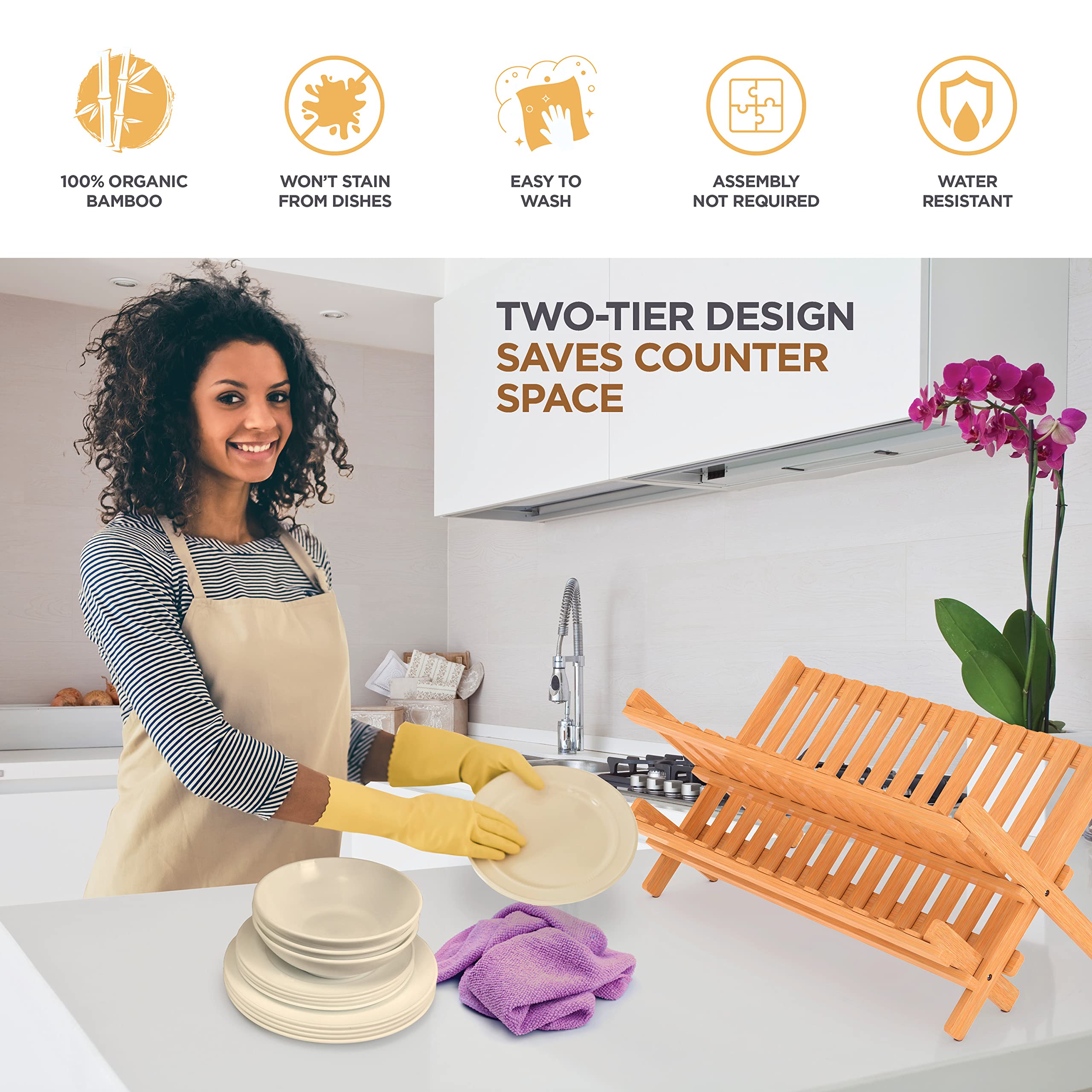 BAMBUSI Dish Drying Rack - Collapsible 2-Tier Bamboo Dish Rack for Kitchen Counter, Wooden Dish Drainer with Foldable Space-Saving Design - Drying Rack for Dishes, Plates, and Cups - Housewarming Gift