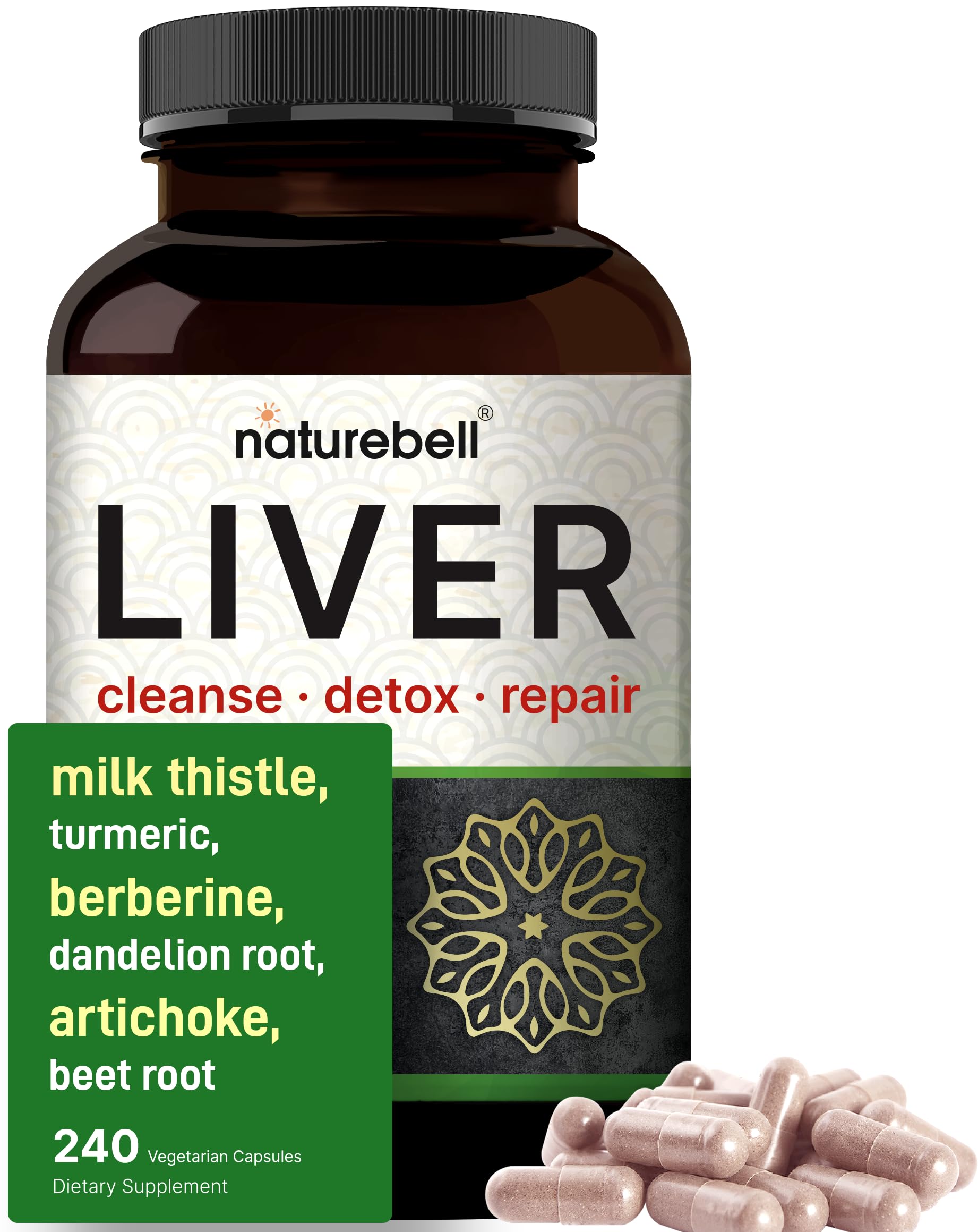Liver Cleanse Detox & Repair, 240 Veggie Capsules | Milk Thistle with Turmeric, Dandelion Root, Artichoke, Black Currant Oil & More in 15-in-1 Herbal Formula | Premium Liver Support Supplement