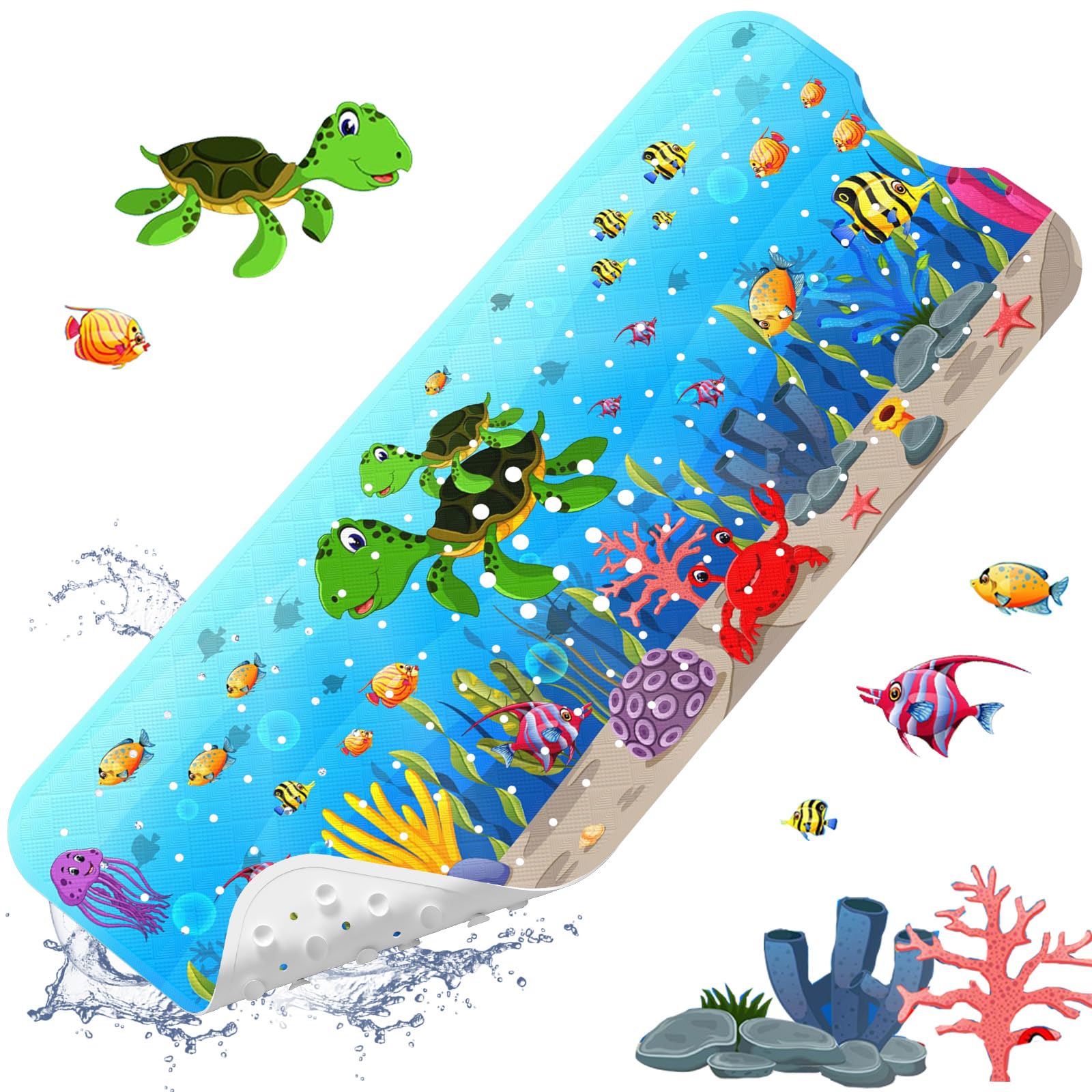 XIYUNTE Baby Bath Mat for Tub Non Slip Kids Bath Mat - 40''x16'' Extra Long Cartoon Sea Turtle Baby Bath Tub Mat Eco-Friendly Toddler Bath Mats with Suction Cups & Drain Holes Easy to Clean & Drying
