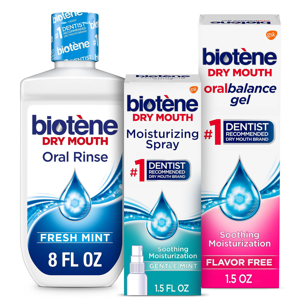 Biotene Mundspülung gegen Mundtrockenheit, Mundspray und Feuchtigkeitsgel – 1 Kit