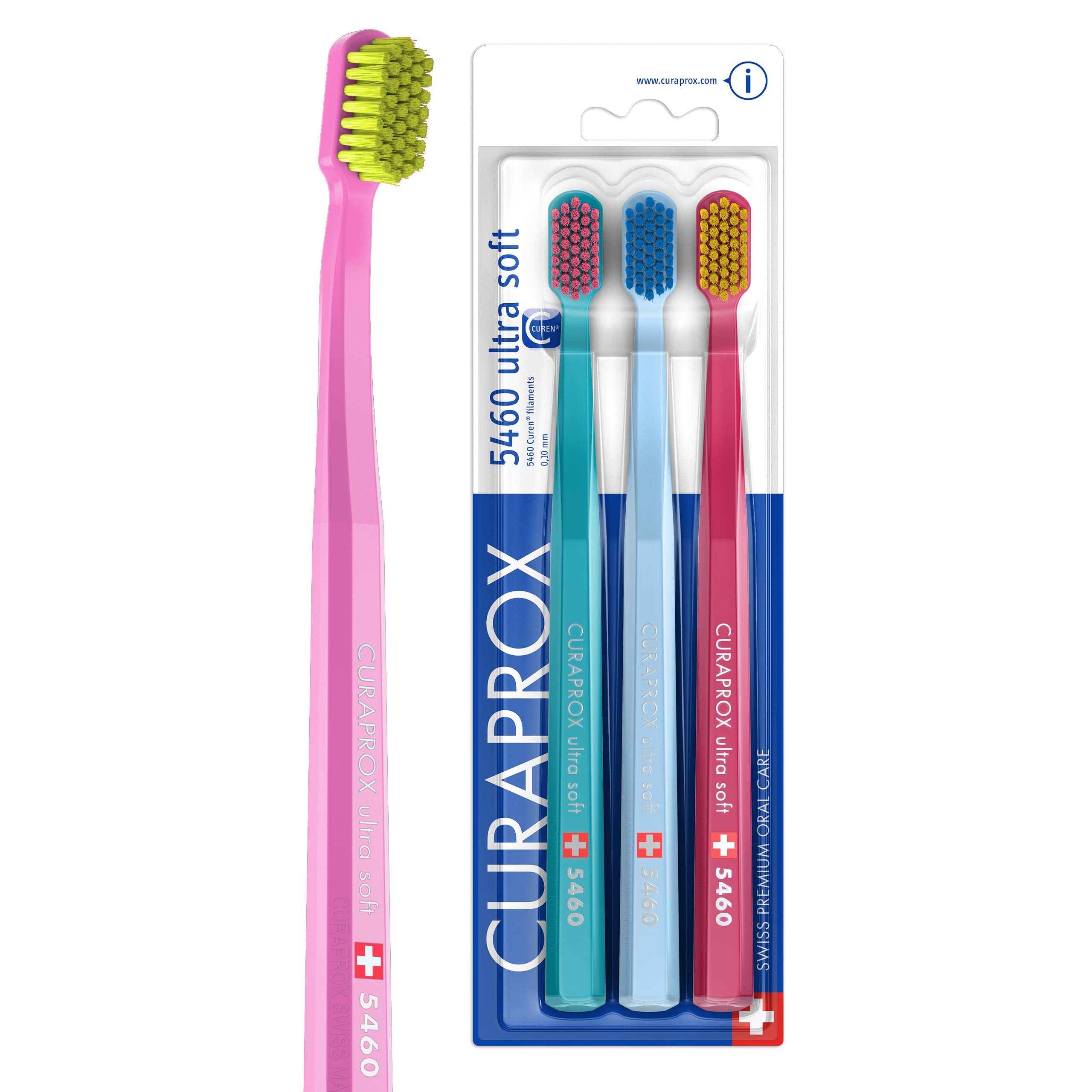Curaprox CS 5460 Ultra-Soft Toothbrush - for Sensitive Teeth & Gums | Gentle Plaque Removal | 3-Pack |Random Colour