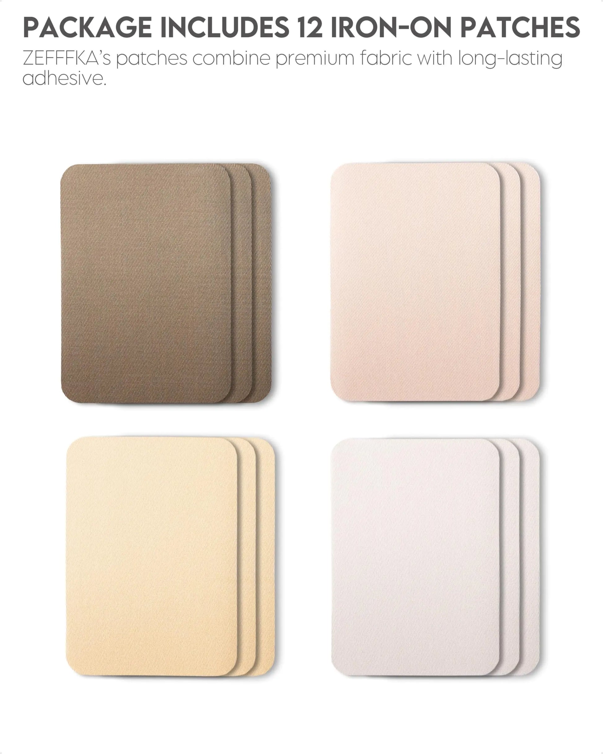ZEFFFKA Premium Quality Fabric Iron-on Patches Inside & Outside Strongest Glue 100% Cotton Shades of Brown Beige Khaki Repair Decorating Kit 12 Pieces Size 3" by 4-1/4" (7.5 cm x 10.5 cm)