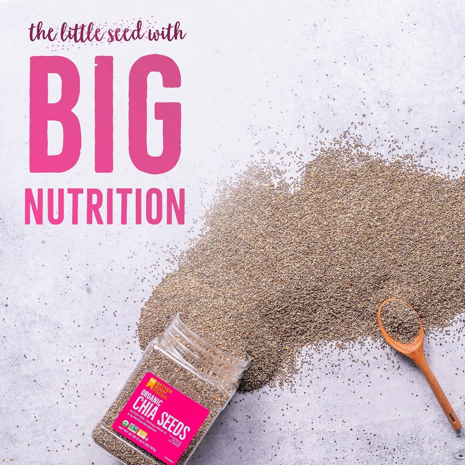 BetterBody Foods Organic Chia Seeds with Omega-3, Non-GMO, Gluten Free, Keto Diet Friendly, Vegan, Good Source of Fiber, Add to Smoothies, 1.25lb