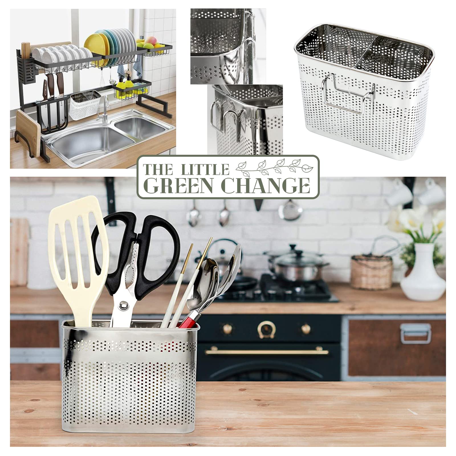 Kitchen Utensils Chopsticks Holder Drying Rack Basket with Hooks 2 Divided Compartments Quality Stainless Steel Large L5.4 X H4.3 X W2.6