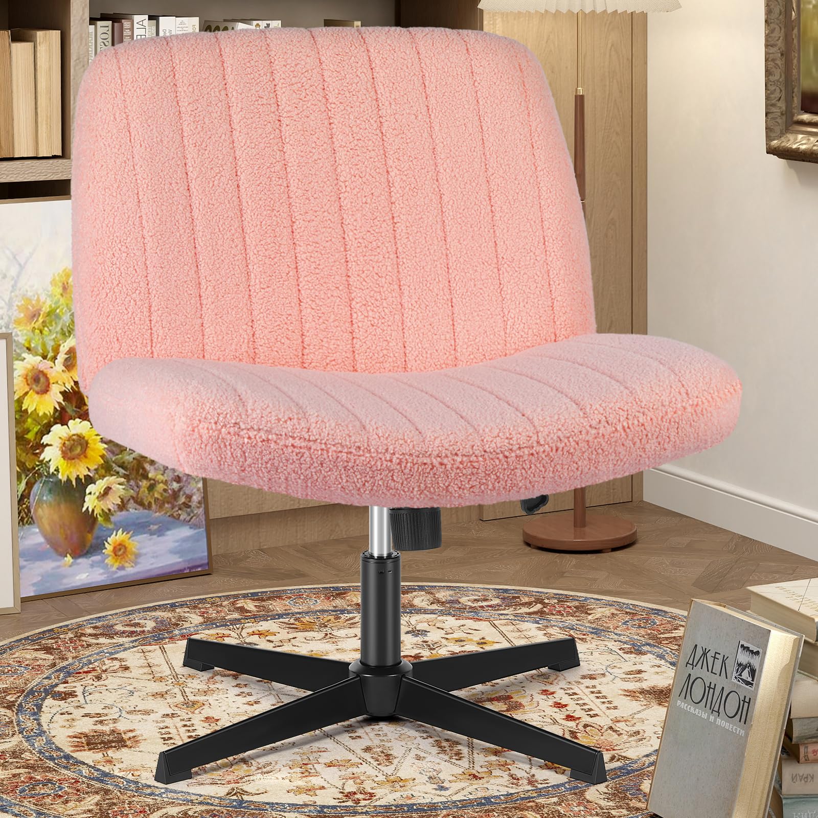 OLIXIS Criss Cross Chairs Legged Armless No Wheels Wide Seat Height Adjustable Swivel Rolling Padded Furry Cute Home Office Desk Seating for Bedroom, Student, Study Room