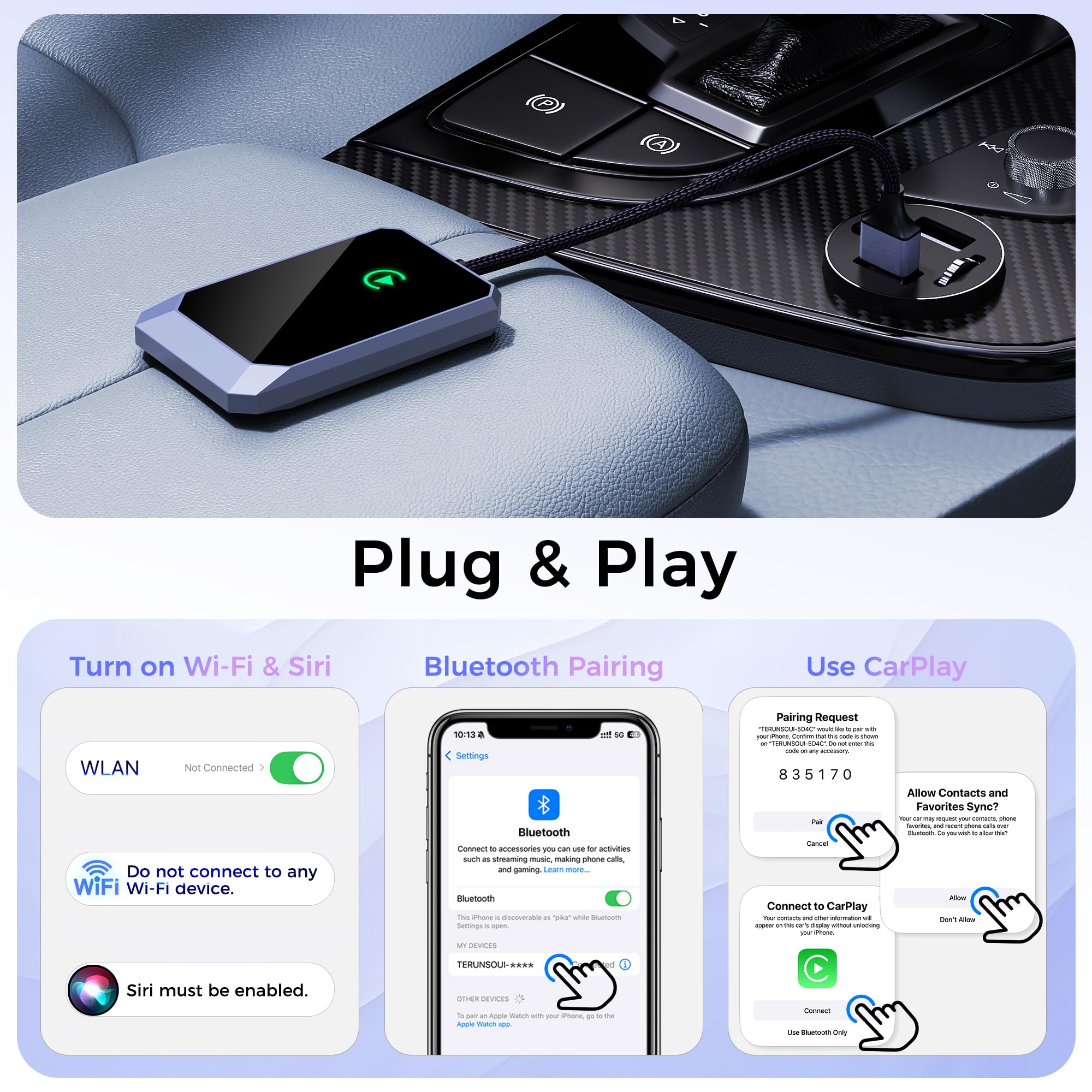 TERUNSOUl Wireless CarPlay Adapter for Apple iPhone, Convert Wired CarPlay to Wireless, Plug-and-Play, Stable Connection Compatible with OEM Wired CarPlay Vehicles & iOS 10+