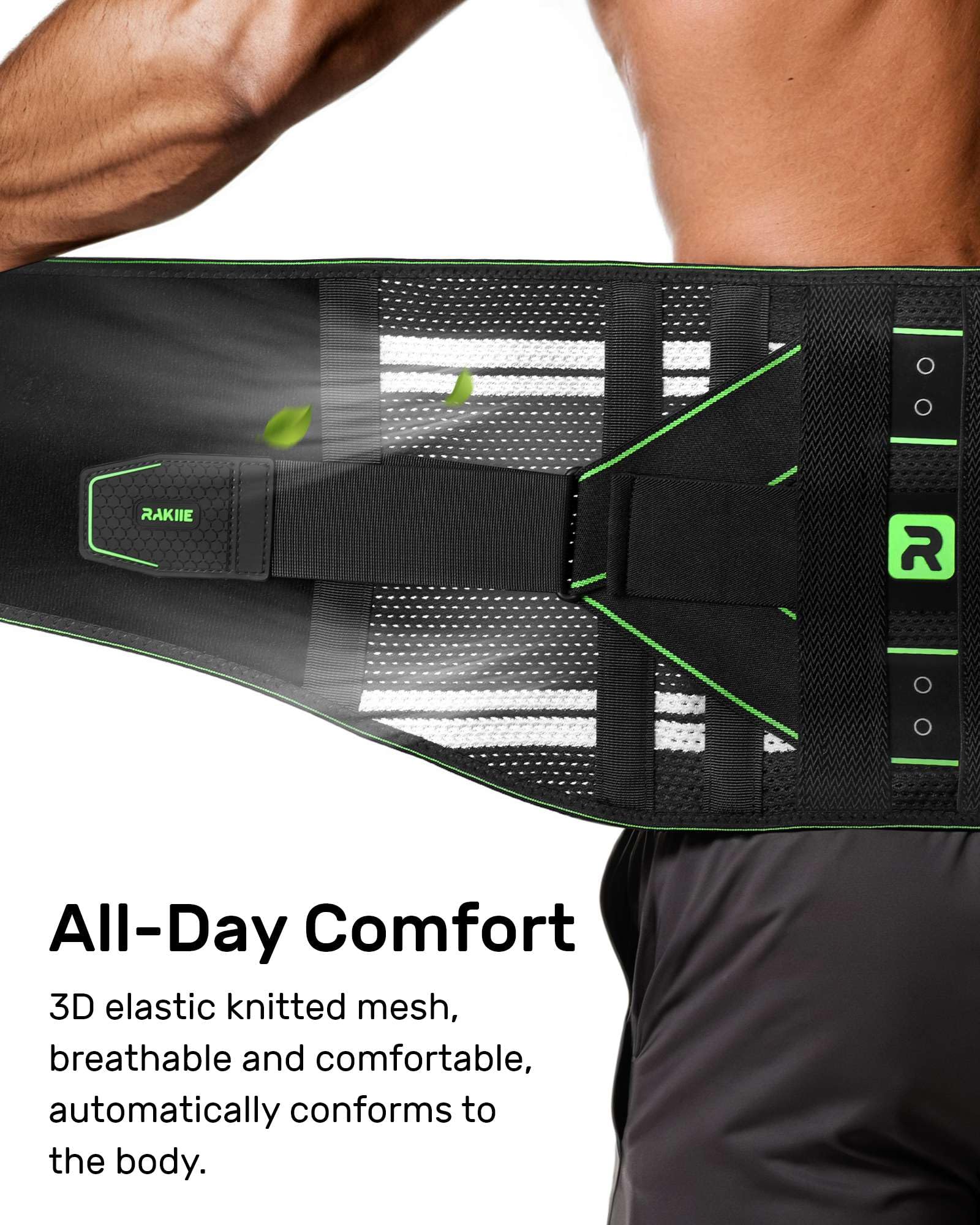 Rakiie Back Brace for Lower Back Pain Relief, 8X Powerful Lumbar Support with 3D Pad, Support Belt for Men Women, Breathable Back Support Brace with Adjustable Strap, Green Size M