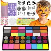 Flasoo Kinder-Schminkset – 42 ungiftige Farben, 16 Schminkstifte, 6 wiederverwendbare & 40 Klebeschablonen für Partys & Halloween