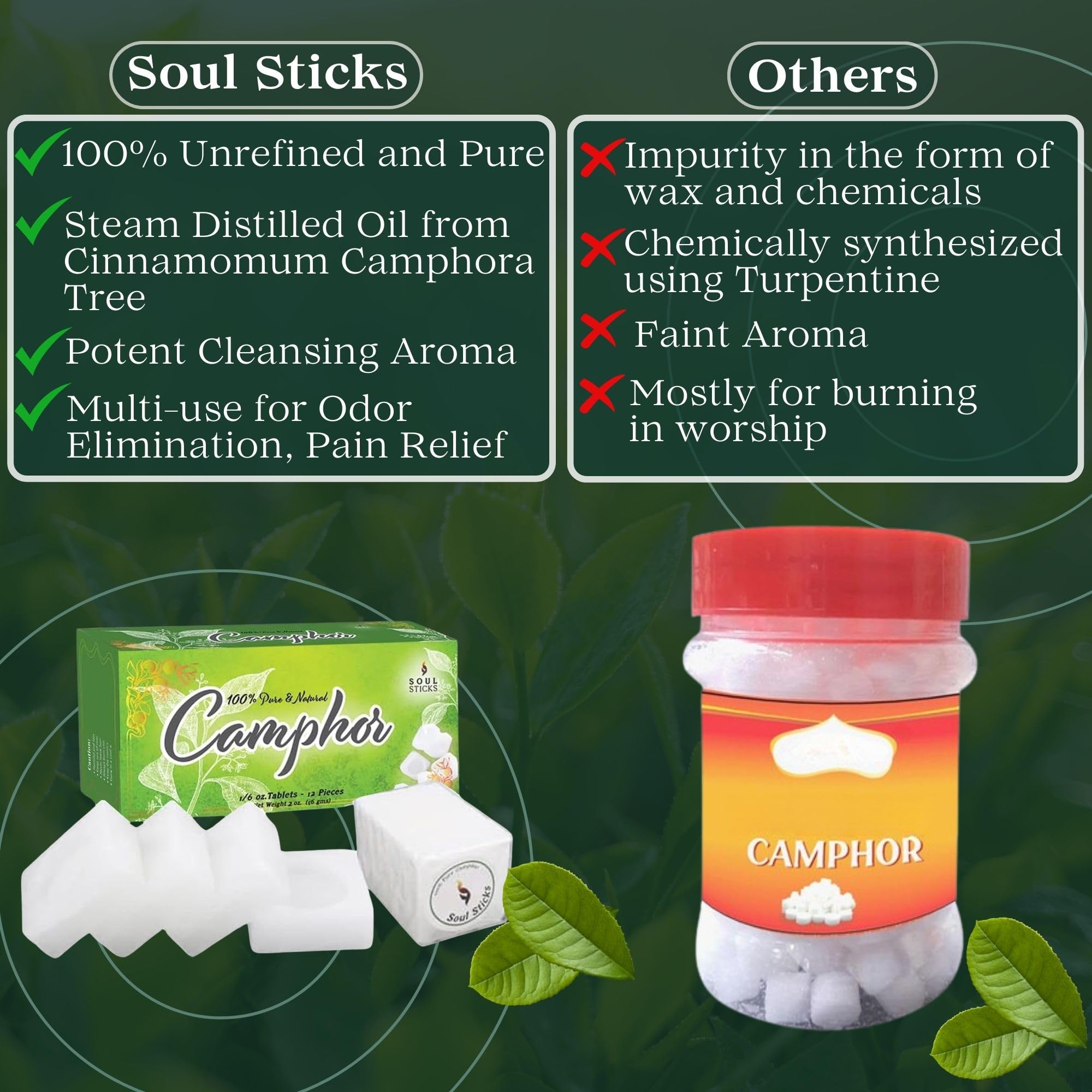 SOUL STICKS Natural Camphor Blocks,Pure Camphor Tablets for Aromatherapy & Puja - Alcanfor en Bloques, Alcanfor en Bolitas, Kapoor for Pooja (56 Grams (12 Tablets))